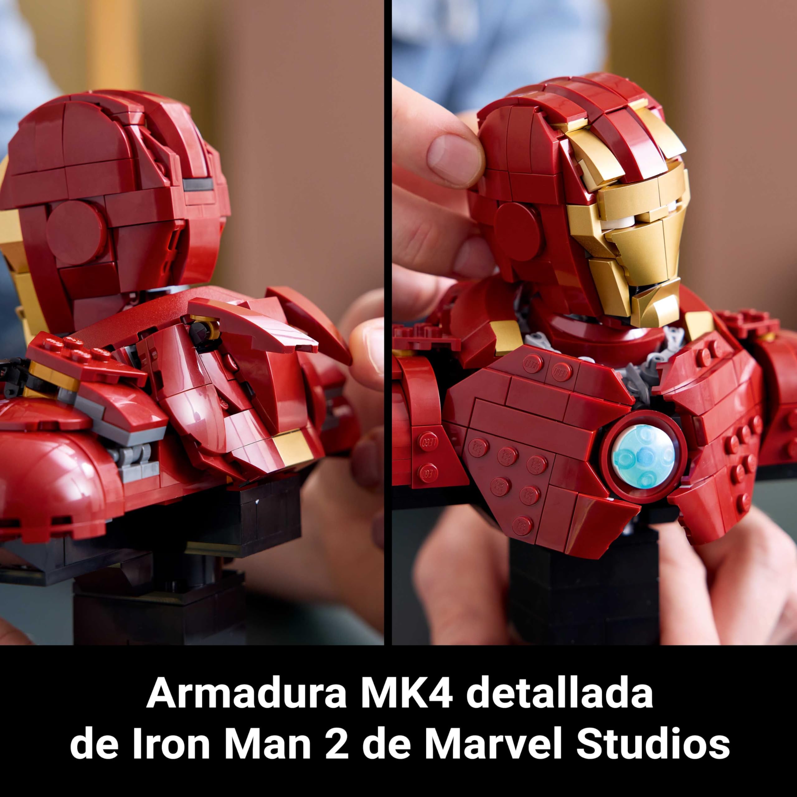 LEGO Marvel Busto de Iron Man MK4 - Maqueta para Adultos de Superhéroe con Minifigura de Tony Stark, Cañones de Hombros y Cabeza Articulada - Regalo para Hombres y Mujeres Fans de los Vengadores 76327