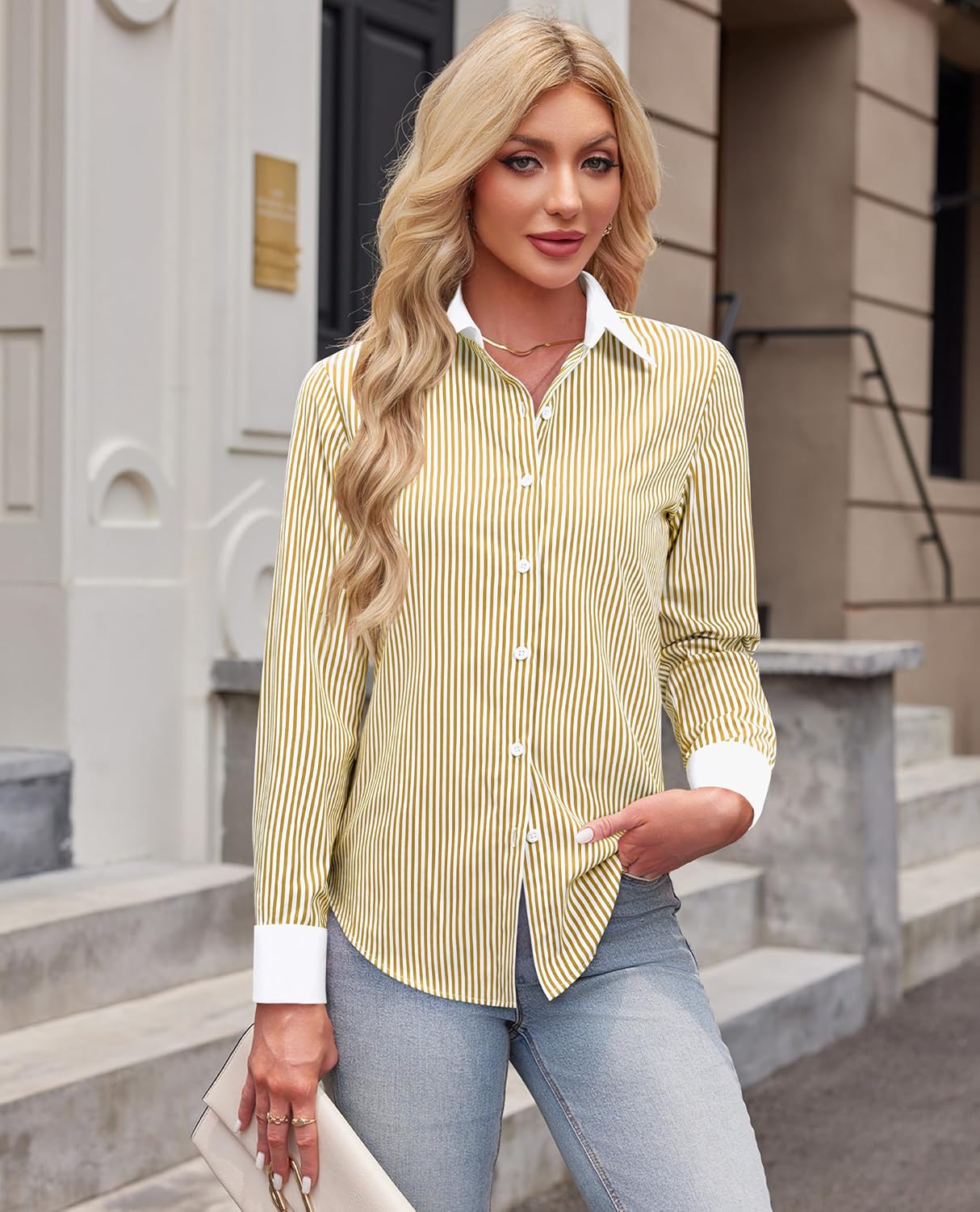 siliteelon Striped Button Down Shirts for Women Dress Shirts Long Sleeve Casual Collared Office Work Blouses Tops - Image 5