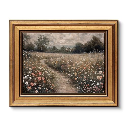 ARPEOTCY Gold Framed Vintage Wall Art for Living Room, Flowers Painting Prints Shelf Decor for Kitchen, Landscape Bedroom Wall Art, Christmas Gifts for Friends or Family (Flowers Path - 25.5L x 20.5W) - Flowers Path - 25.5L x 20.5W cm