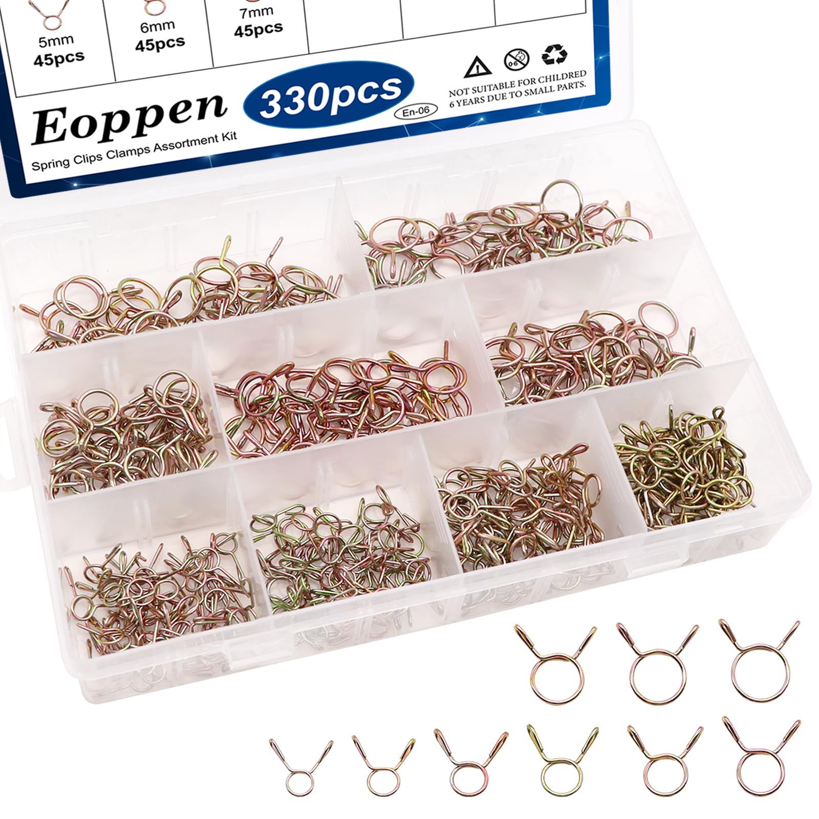 Eoppen 330pcs 5-13mm Spring Hose Clamps Small Hose Clamps Fuel Line Hose Water Pipe Air Tubing Spring Clips Clamps Assortment Kit (9 Sizes)