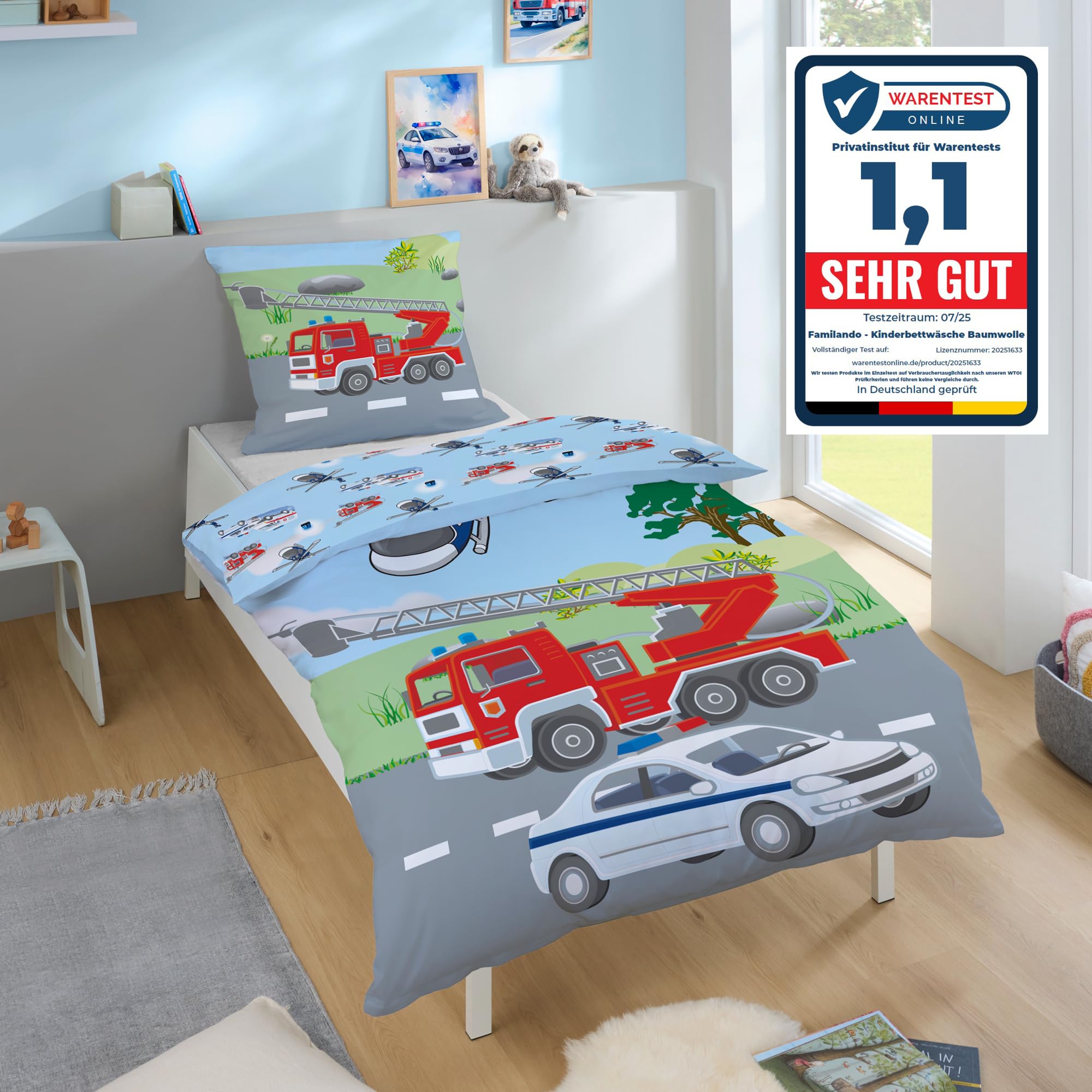 Familando – Polizei & Feuerwehr Bettwäsche-Set (2-teilig) – Decken- & Kissenbezug 135x200 cm & 80x80 cm mit Reißverschluss – 100% Baumwolle – Wendemotiv – Hautfreundlich & atmungsaktiv - Öko-TEX