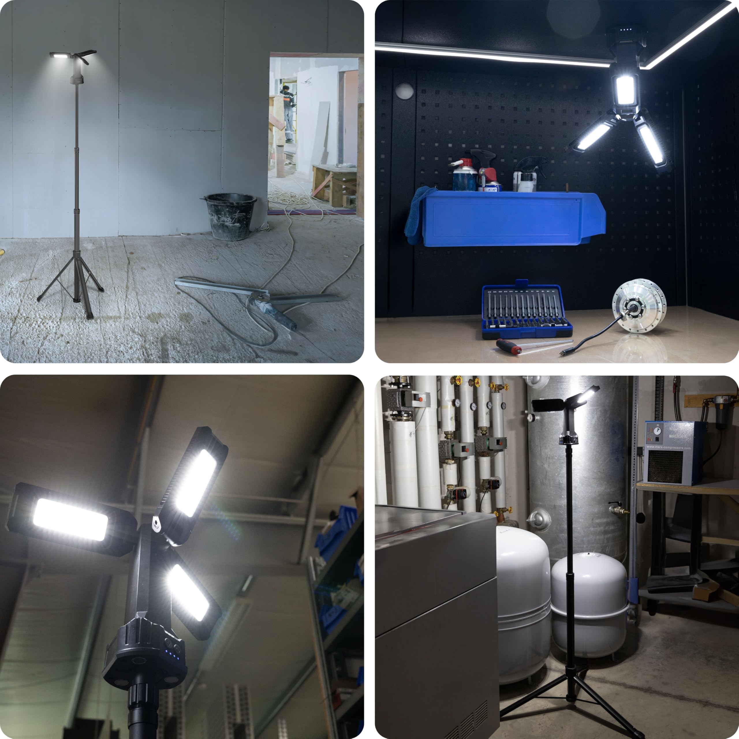 ANSMANN LED Arbeitsleuchte mit Stativ 2m, robust & sehr hell bis zu 7000 Lumen, 3x 22 Watt Strahler, Akkubetrieben, Höhenverstellbar, mit Haken & Magnete