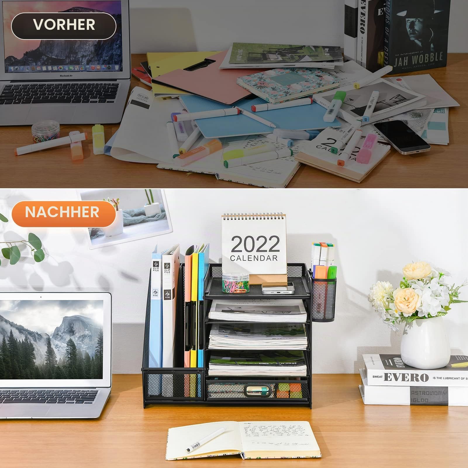Marbrasse Schreibtisch Organizer mit Aktenhalter, 5 Ebenen Papier Briefablage mit Schublade und 2 Stiftehalter,Schreibtisch Netz Ablagefächer Organizer mit für Büro Bedarf (Schwarz mit Schublade)