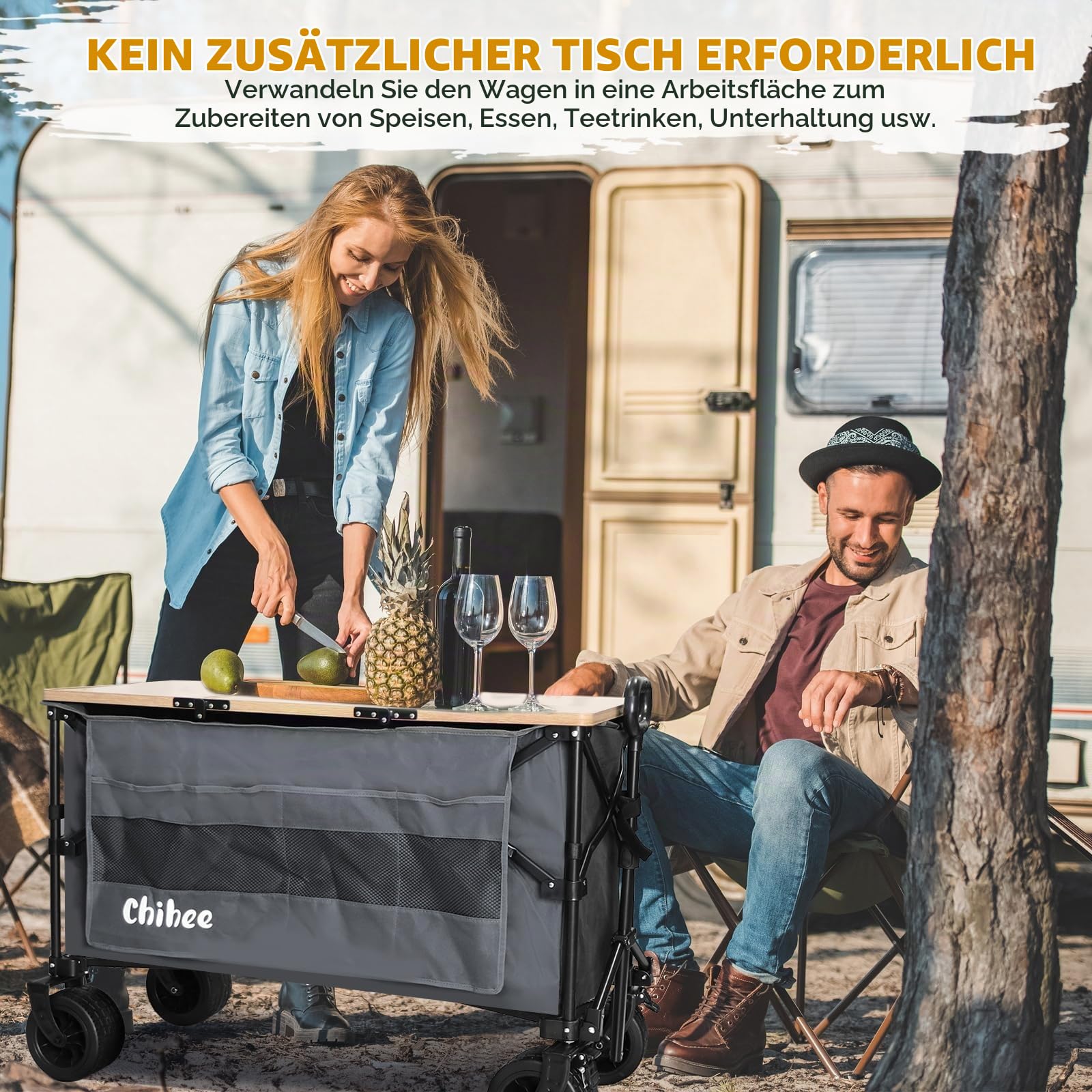 Chihee Handwagen Gartenwagen Zusammenklappbar Außenbereich Dienstprogramm Wagen,Strandwagen 220L,Hochbelastbar Tragbar All Terrain Räder Übergroße Tasche 1 klappbarer Schreibtisch 2 Getränkehalter