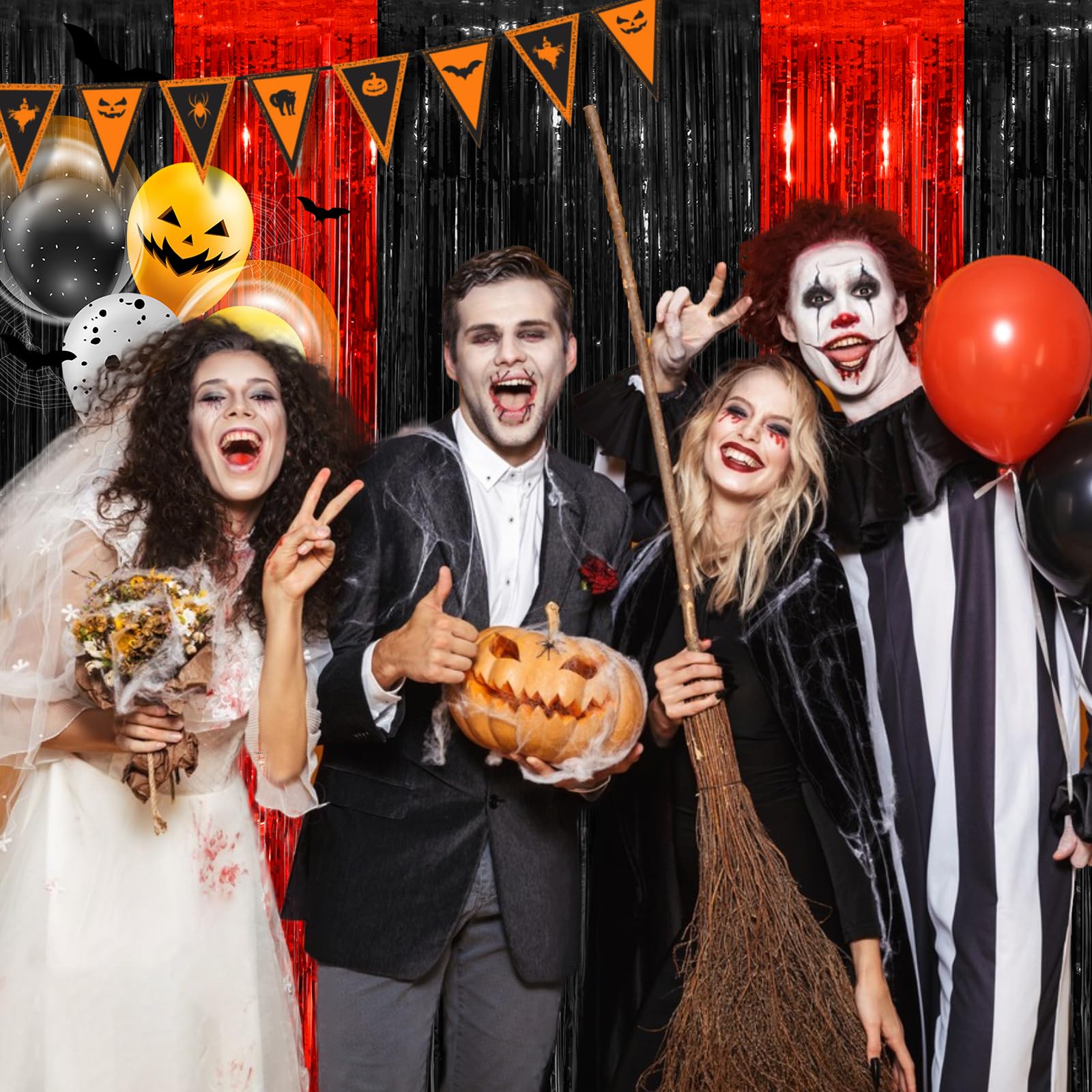 Czarno-czerwone metaliczne zasłony foliowe z frędzlami, 4 szt., 9 x 21 cm, zasłony do dekoracji na przyjęcie urodzinowe, dekoracja Halloween, foliowe tło na wieczór panieński