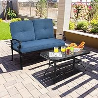 Vista 3 de Giantex Sofá biplaza de patio de 2 piezas con mesa auxiliar, banco al aire libre con cojín y marco de metal, sofá de dos plazas para jardín, patio