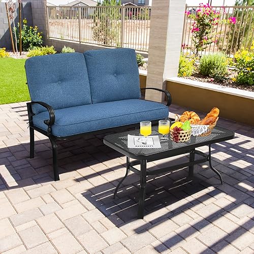 Miniatura 3 de Giantex Sofá biplaza de patio de 2 piezas con mesa auxiliar, banco al aire libre con cojín y marco de metal, sofá de dos plazas para jardín, patio