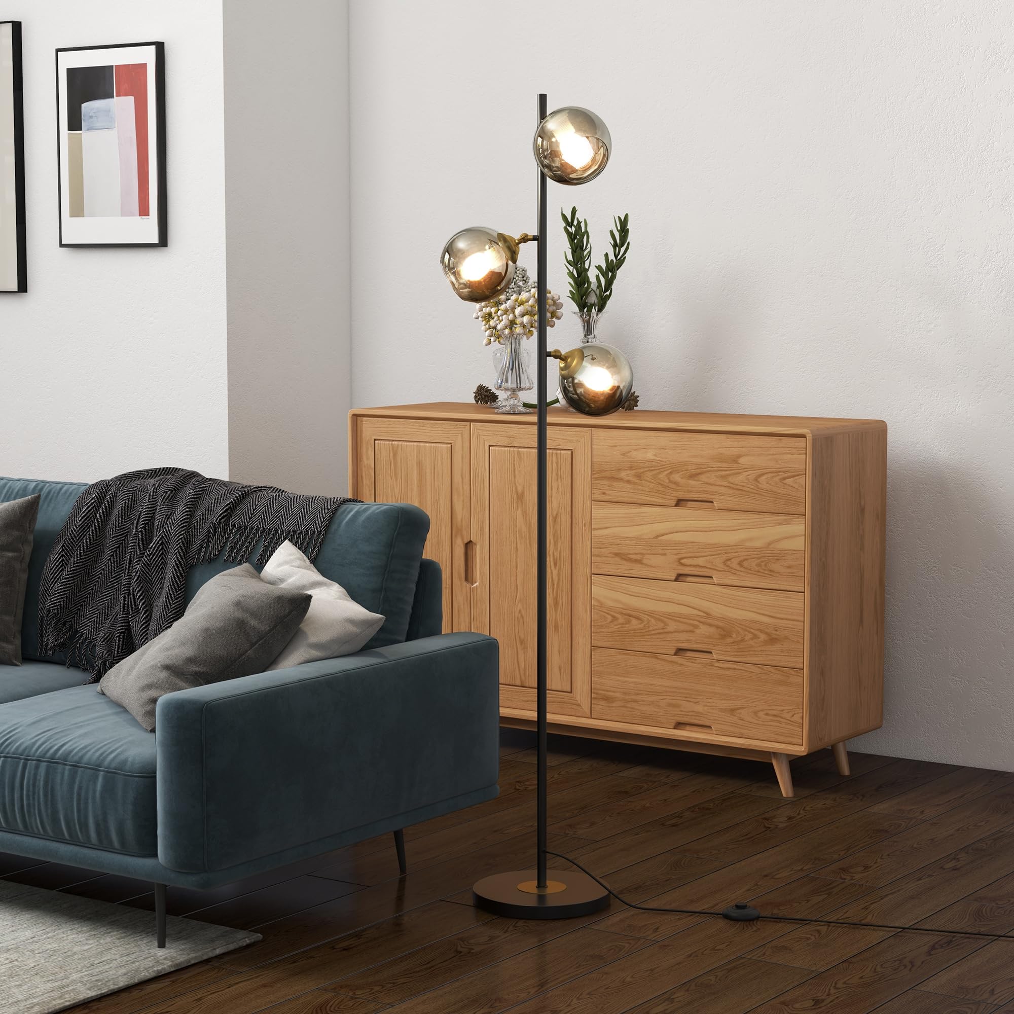 HOMCOM Lampada da Terra in Metallo ad Albero, Lampada per Soggiorno con 3 Paralumi in Vetro, Ø36x162 cm, Nero e Grigio