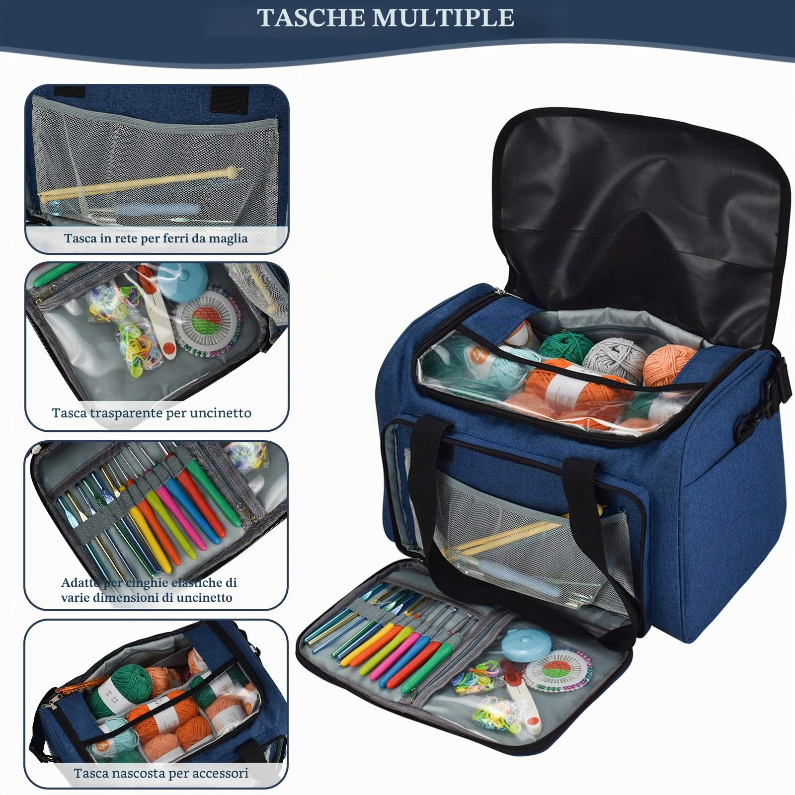 Coopay Borsa per Filati, Borsa per Lavori a Maglia, Riporre Ferri da Maglia e Uncinetto e Punto Croce, Organizer per Filati per Principianti e Professionisti, Blu