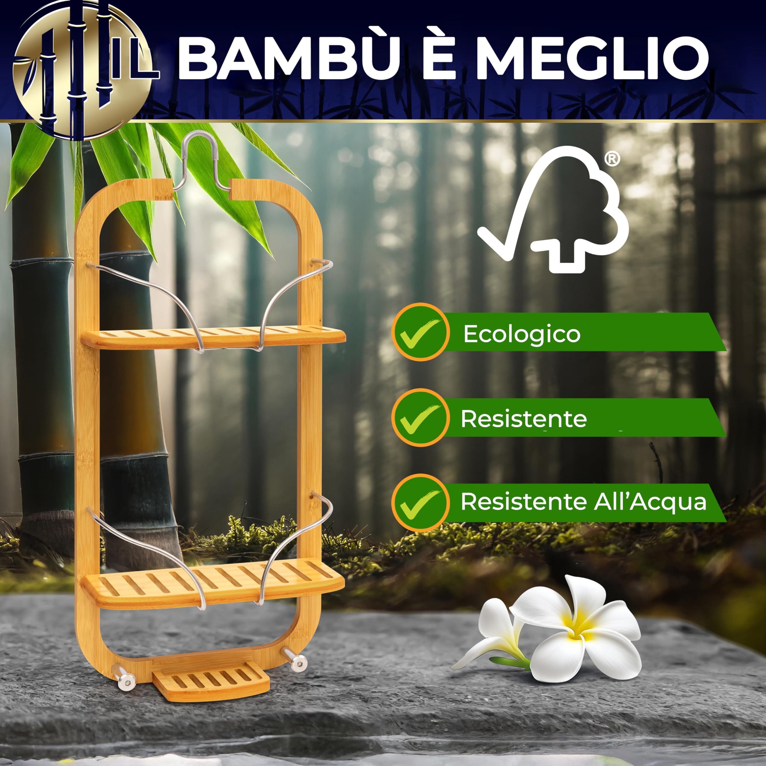 SereneLife Portaoggetti Doccia in Bambù a 3 Ripiani, Design Antiscivolo, Organizer Bagno, Portaoggetti Bagno Salvaspazio, Mensola Doccia per Shampoo, Bagnoschiuma, Sapone e Accessori