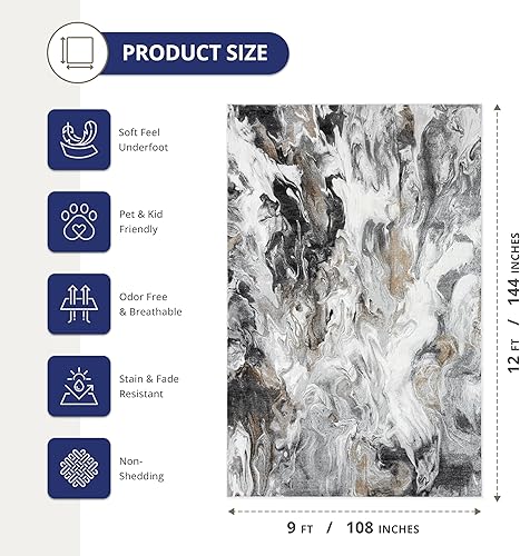 Miniatura 2 de Abani Regal Collection - Alfombra abstracta con diseño de remolinos de mármol gris y negro, 9 x 12 pies, para sala de estar, dormitorio y oficina
