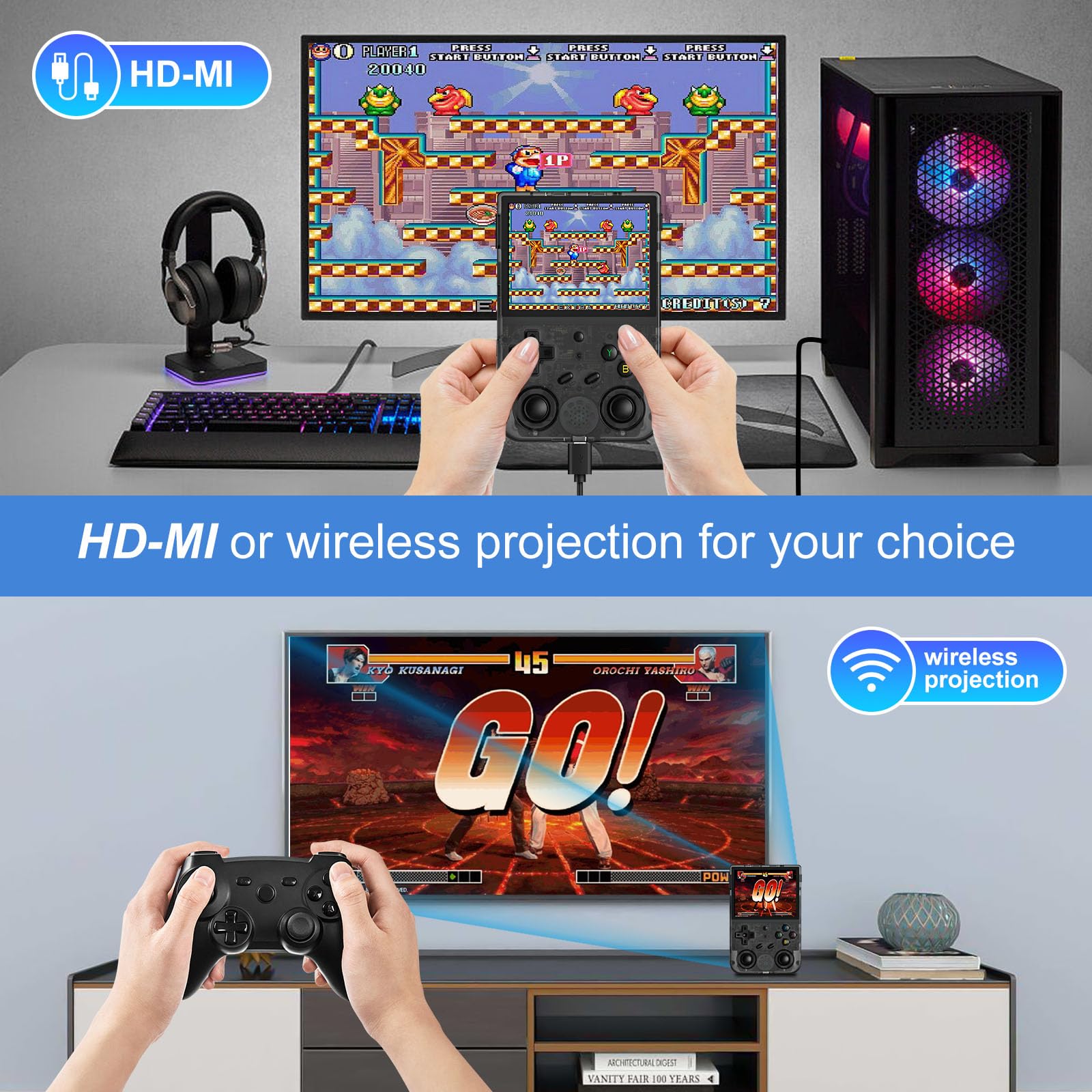 ANBERNIC RG353V Console de Jeu Portable Compatible avec Dual OS Android 11 et système Linux, Prise en Charge 2.4G/5G WiFi 4.2 Bluetooth 64G SD Card, Batterie Haute capacité 3200 mAh, Noir Transparent