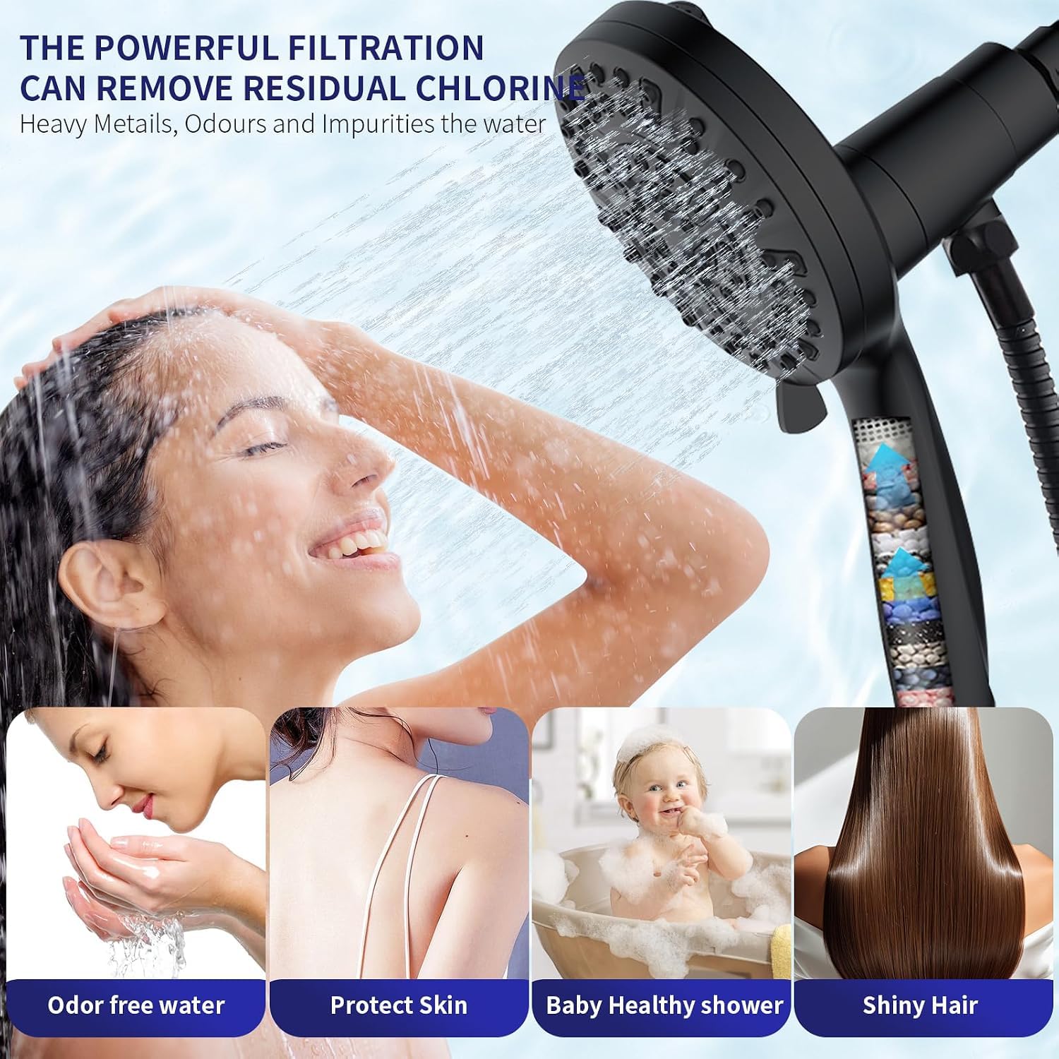 Soffione doccia filtrato palmare – 10 modalità di spruzzo ad alta pressione, con combinazione di spray portatile, soffione doccia con collegamento magnetico, con tubo lungo 152 cm (nero opaco)