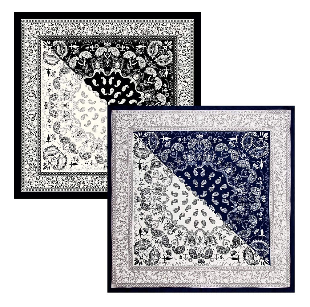 Paquete de 2 bufandas de seda satinada de 35 pulgadas para el cabello, bandana ligera para la cabeza, bufandas para el cuello y la cara para mujer, 2pcs Paisley2 Negro+azul marino 2