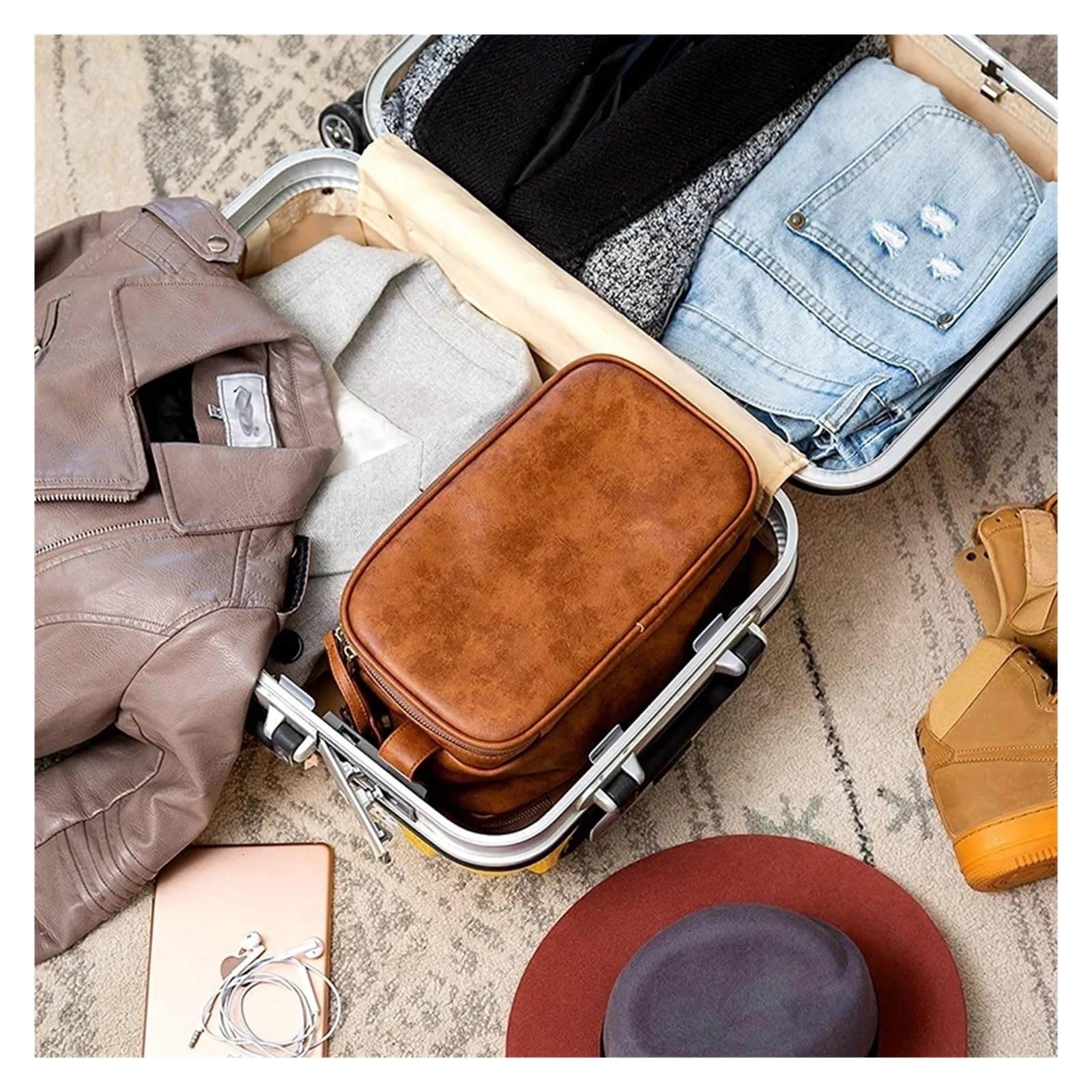 Neceser de Cuero Business Water-Resistant Toiletry Bag For Men Travel Wash Shaving Dopp Kit Bathroom Makeup Organizer with Wet Dry(Color 2)
