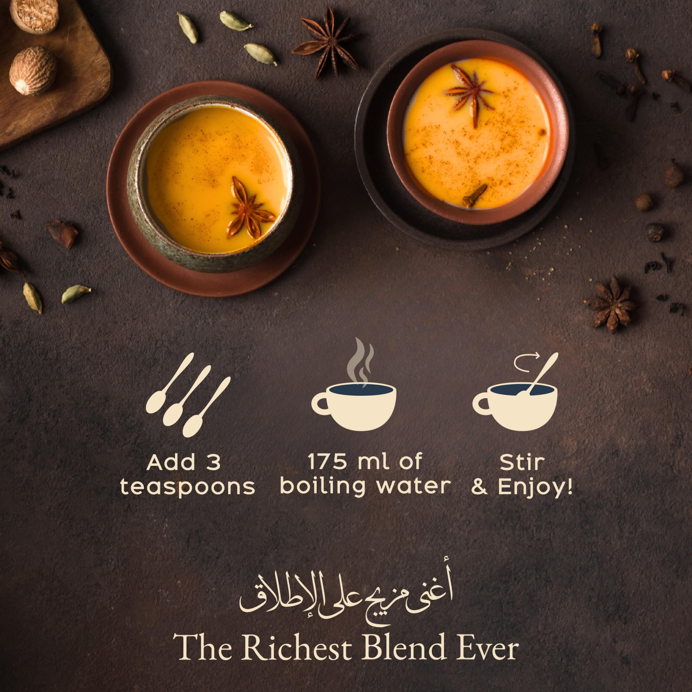 ChaiKarak® Thé – Thé Chai Instantané aux Épices Orientales, Safran, Cardamome, Cannelle, Clou de Girofle – Pot Verre Luxe avec 250g Poudre – Texture Crémeuse – jusqu’à 25 Portions – Idée Cadeau