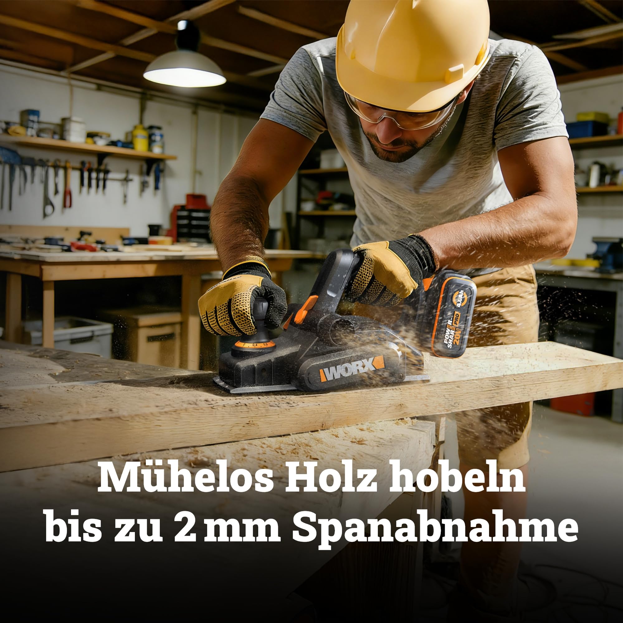 WORX WX620.9 Akku Hobel 20V, 82 mm Hobelbreite, Brushless Motor, 0–2 mm Spanabnahme, Falztiefe 0–8 mm, V-Nut für Fasen, integrierte Spänesack & Parallelanschlag, ohne Akku & Ladegerät