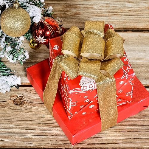 Miniatura 3 de YAMA Cinta con alambre con purpurina, oro amarillo, 2-12 pulgadas x 20 yardas, para Navidad, envoltura de regalos, coronas, manualidades, arco y