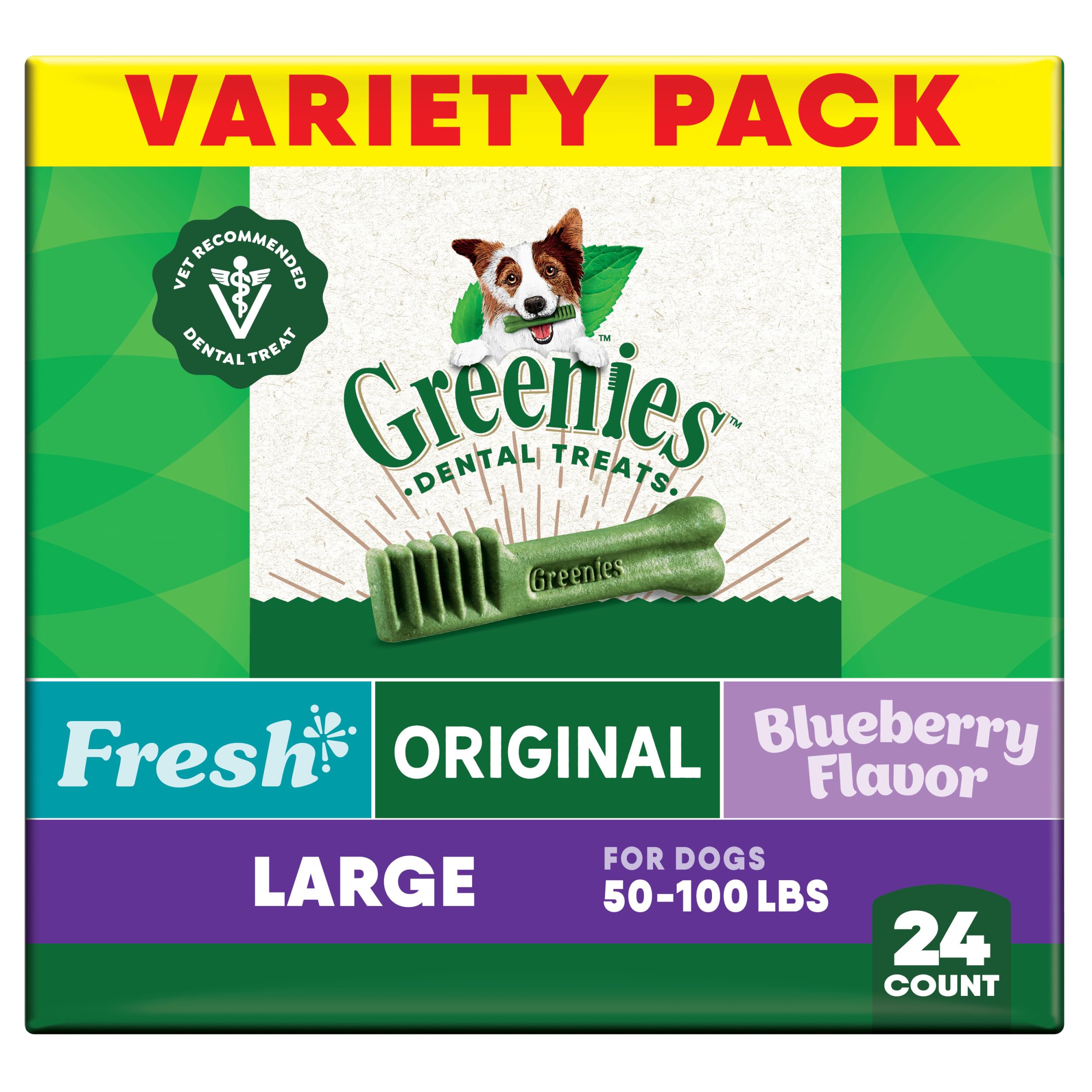 Greenies Veterinarian-Recommended Adult Natural Dental Dog Treats Large Size, Fresh Flavor, Original Flavor, and Blueberry Flavor, (3) 12 oz. Packs, 24 Count
