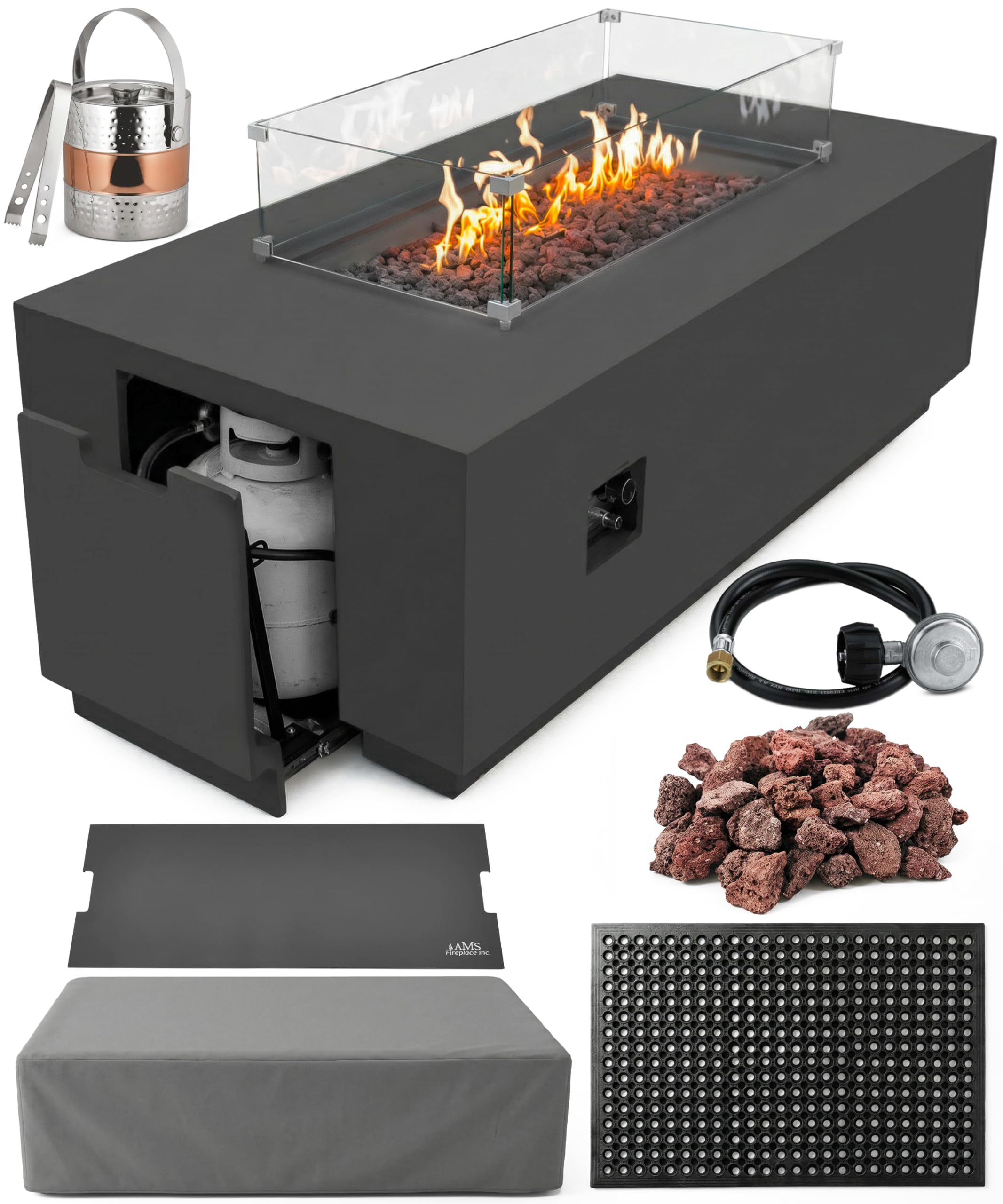 AMS 66" Rectangular Propane Fire Pit for Outdoor Patio (Dark Gray, Bundle)