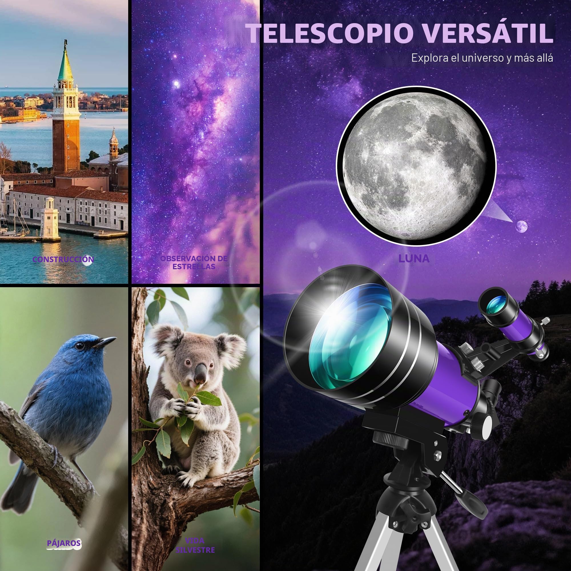 Telescopio Astronómico para Niños, 70 mm Apertura 300 mm (22,5X - 150X) Portatil Refractor Telescopio para Adultos y Principiantes con Trípode y Filtro Lunar para Observar la Luna y Paisajes