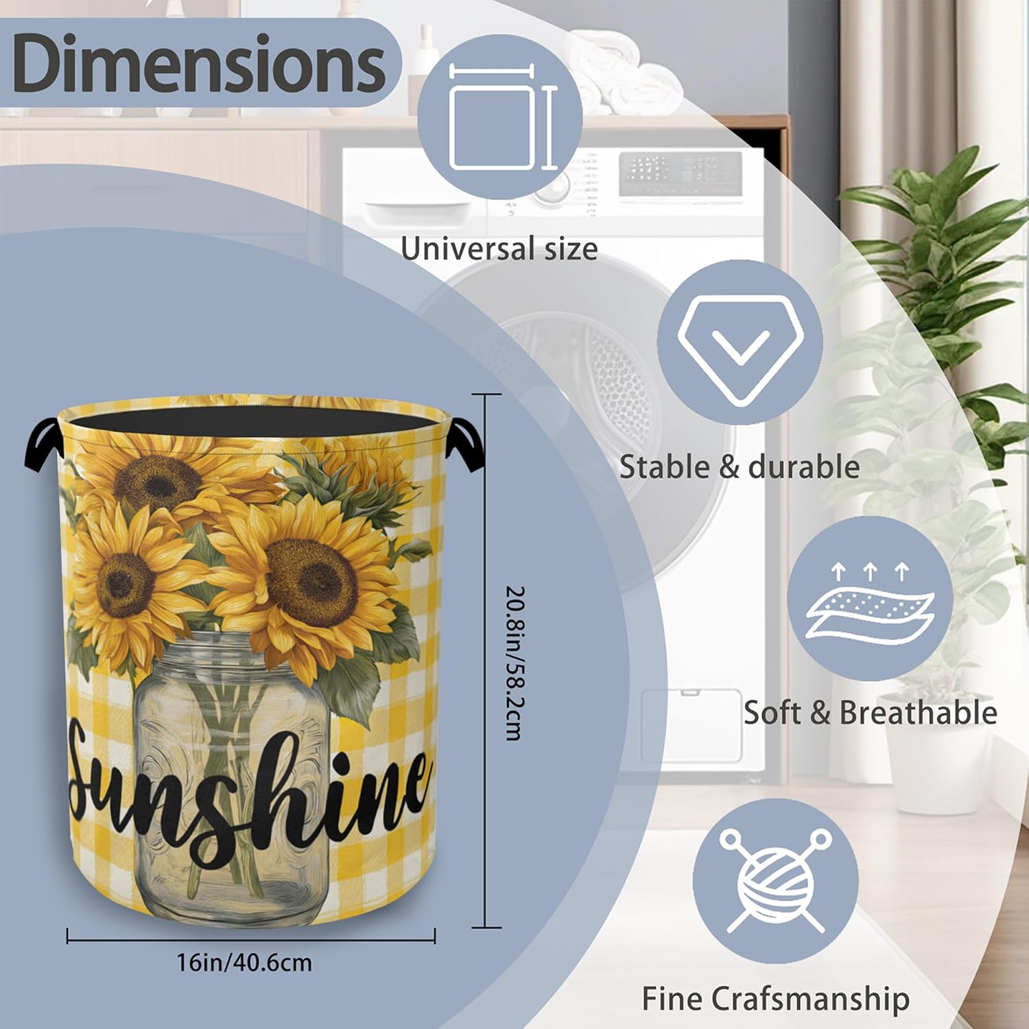 Retro Sunflowers Laundry Hamper,Sunshine Dirty Clothes Laundry Basket with Handles Waterproof Oxford Cloth Storage Basket for College Dorms Bathroom Bedroom 16" x 20.8"