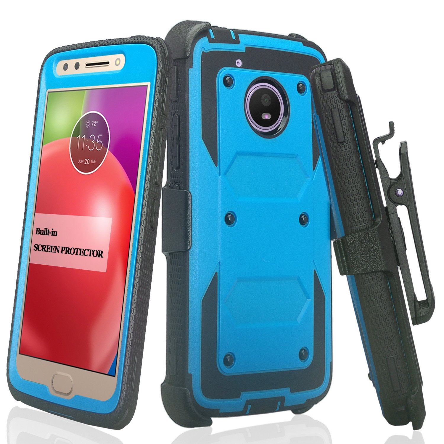 Compatible for Motorola Moto E4 Case Shockproof Rugged Hybrid Phone Cover with Belt Clip Holster & Built-in Screen Protector - Blue