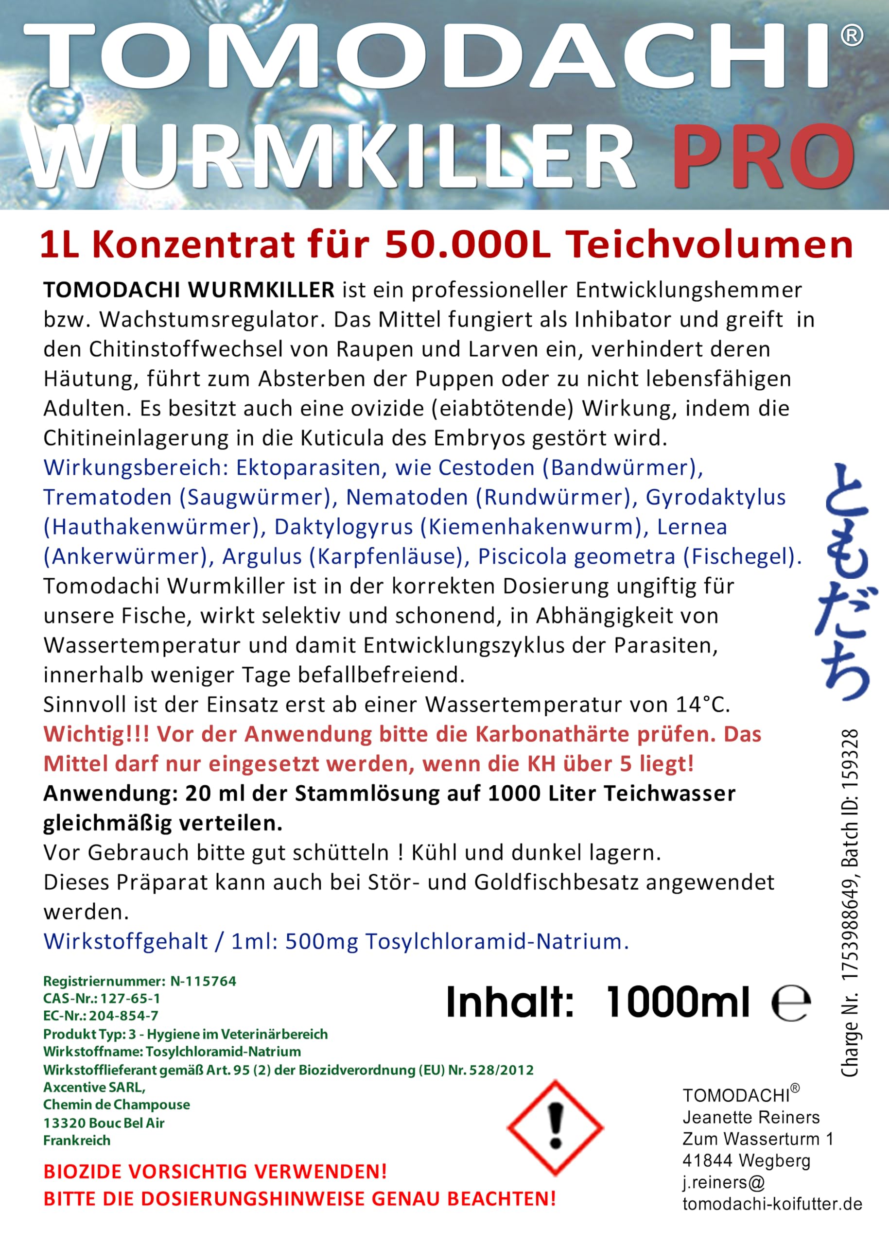 Wurmmittel für Koi Teichfische 1L Konzentrat für 50.000L Teichvolumen Wurmkur Antiwurm Behandlung Hautwurm Kiemenwurm Karpfenlaus Fischegel