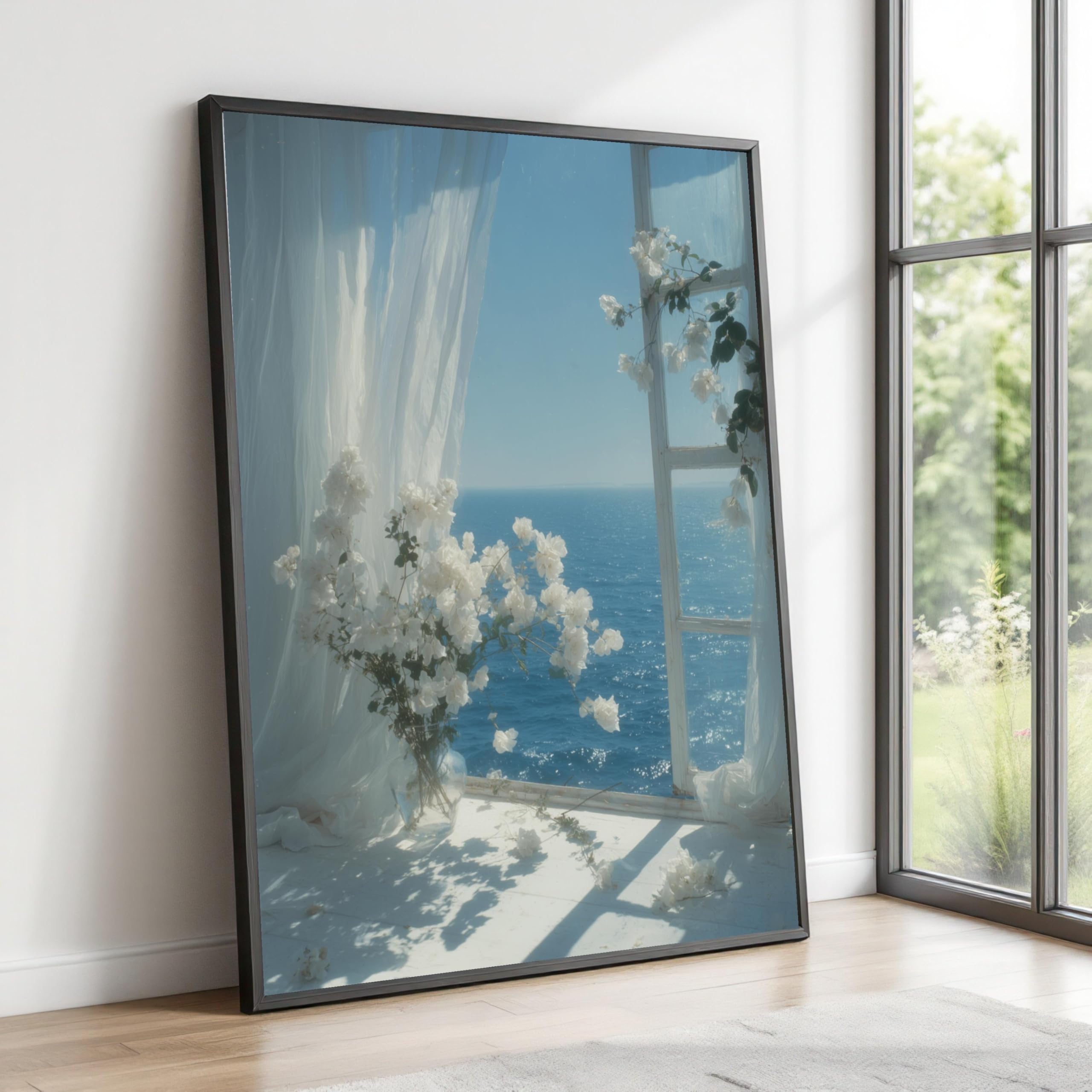 XINBAO Widok na ocean białe róże płótno ścienne z otwartym oknem dekoracja kwiatowa wybrzeże krajobraz morski obraz kurtyny i światło słoneczne (60 x 90 cm / rama wewnętrzna)