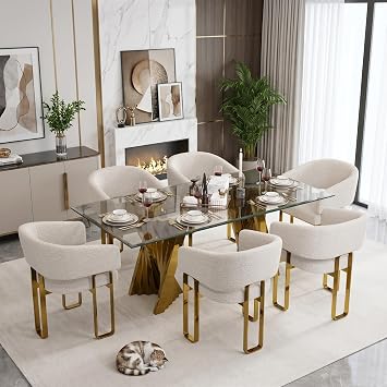 Dining Chairs Set of 6, White and Gold Boucle Dining Chairs with Arms and Mirrored Gold U-Shaped Legs, Contemporary Barrel Side Chairs for Dining Table, Kitchen and Dining Room Restaurant