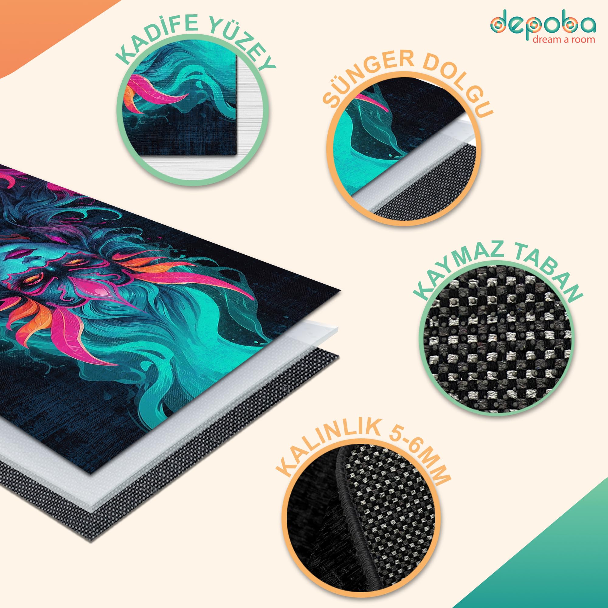 Depoba Vamps Kadife Oyuncu Odası Halısı Kaymaz Pamuk Tabanlı Yıkanabilir Antibakteriyel Gamer, Gaming Halısı 120x180