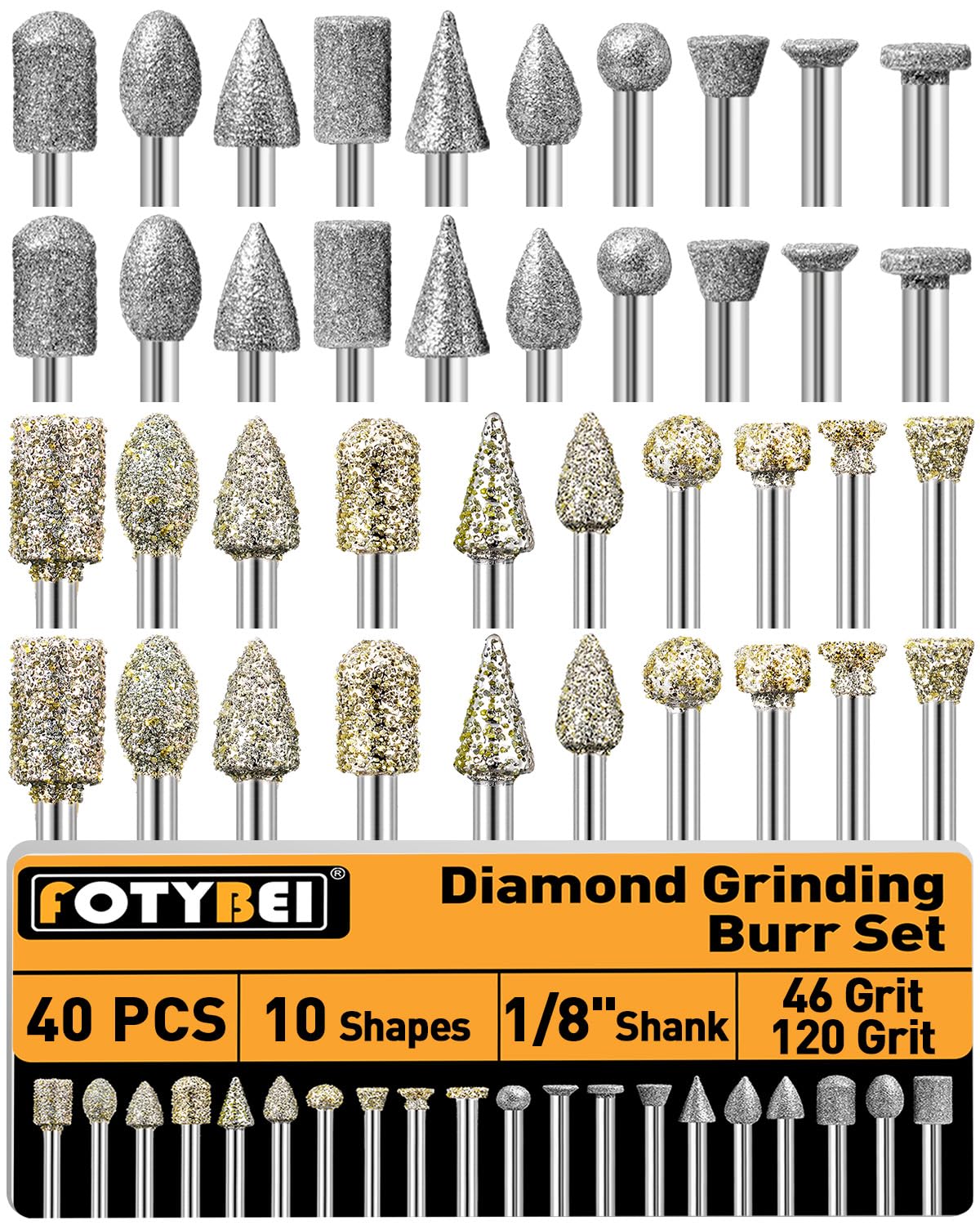 46-Grit and 120-Grit Diamond Grinding Burr Bits Set 1/8" Shank Compatible with Dremel Rotary Tool, 40Pcs Attachment Accessories Carving Burrs for Polishing, Grinding, Carving on Glass, Ceramic, Stone
