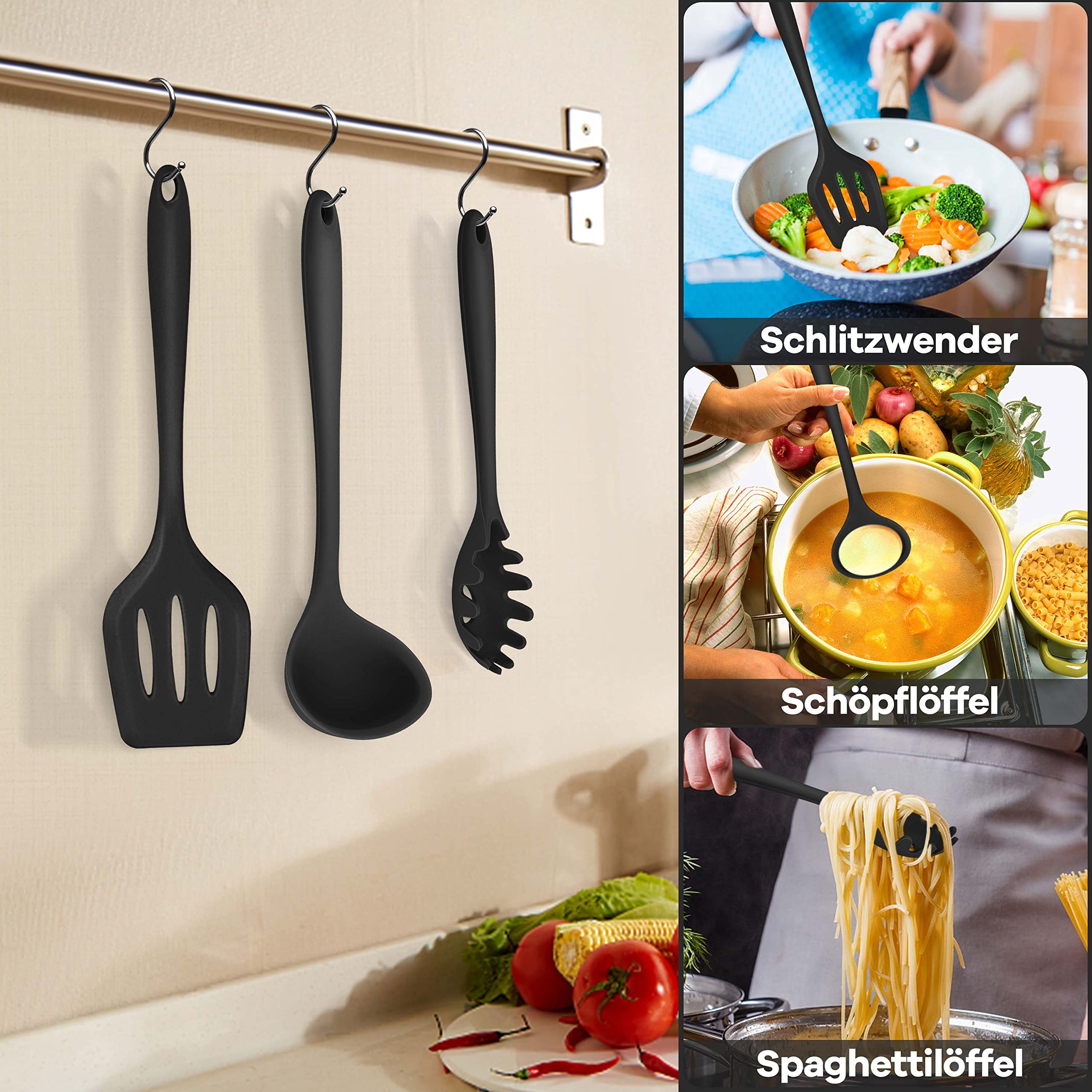Homikit Keukenhulp, set van 15 zwarte keukengerei met houten handgreep, antiaanbaklaag siliconen keukengerei met houder, keukengerei, hittebestendig, gemakkelijk schoon te maken Homikit Keukenhulp, set van 15 zwarte keukengerei met houten handgreep, antiaanbaklaag siliconen keukengerei met houder, keukengerei, hittebestendig, gemakkelijk schoon te maken