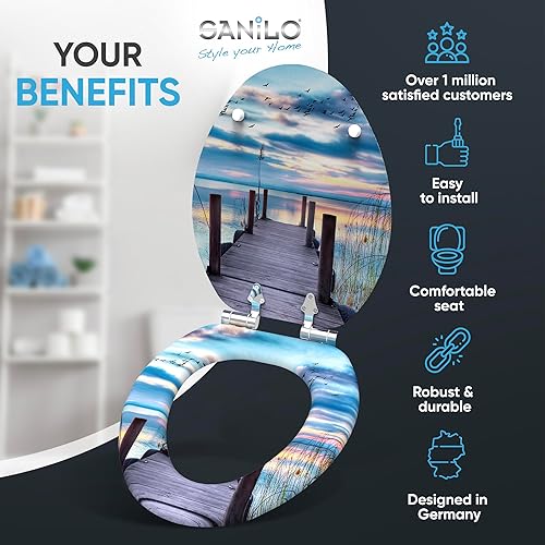 Miniatura 2 de SANILO Asiento de inodoro de madera con cierre suave alargado  Asiento de madera moldeada decorativo, silencioso y de cierre lento  Con fuertes