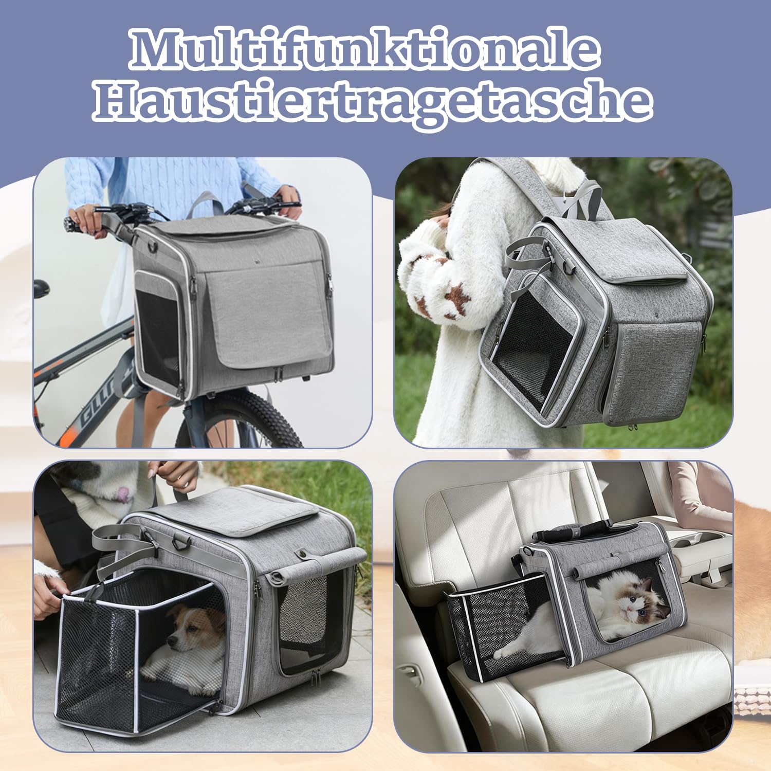 Panier pour Chien pour Vélo à L'avant, Panier pour Chien pour Vélo à L'avant avec 4 Portes Ouvrantes, 4 Fenêtres en Maille, Panier pour Chien pour Vélo Extensible et Pliable pour Chiens, Panier