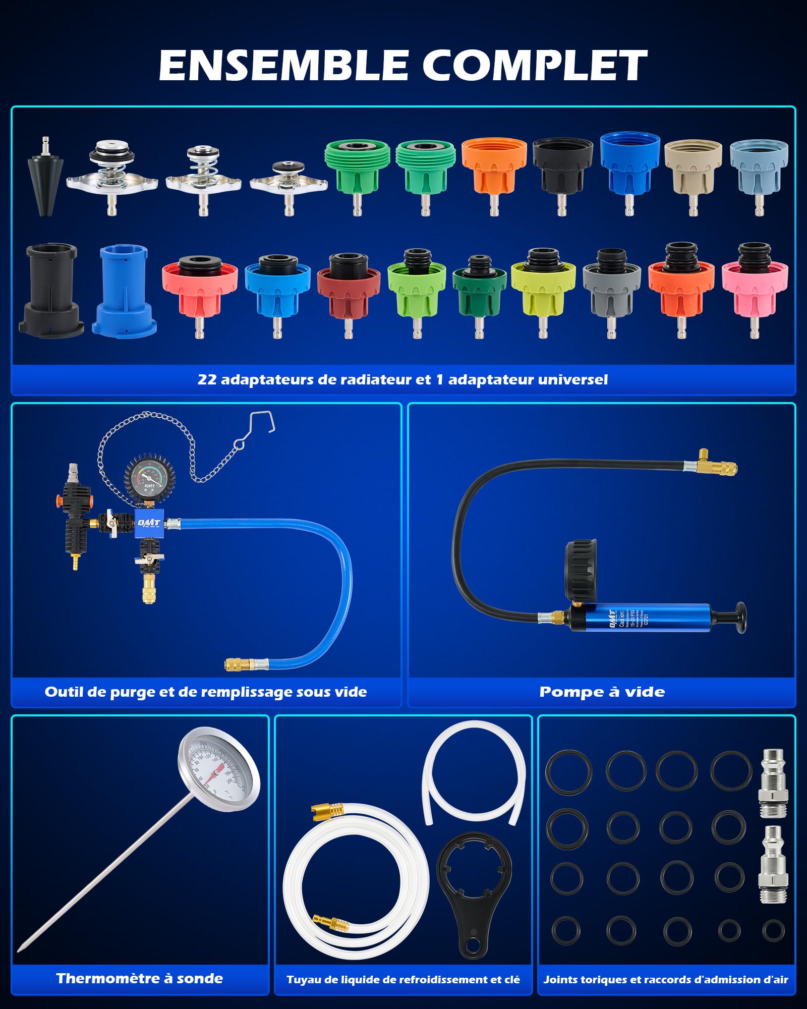 Orion Motor Tech 31 pcs Kit de Testeur de Pression de Radiateur, Système de Remplissage de Liquide de Refroidissement sous Vide avec 23 Adaptateurs, Purgeur et Pompe à Vide