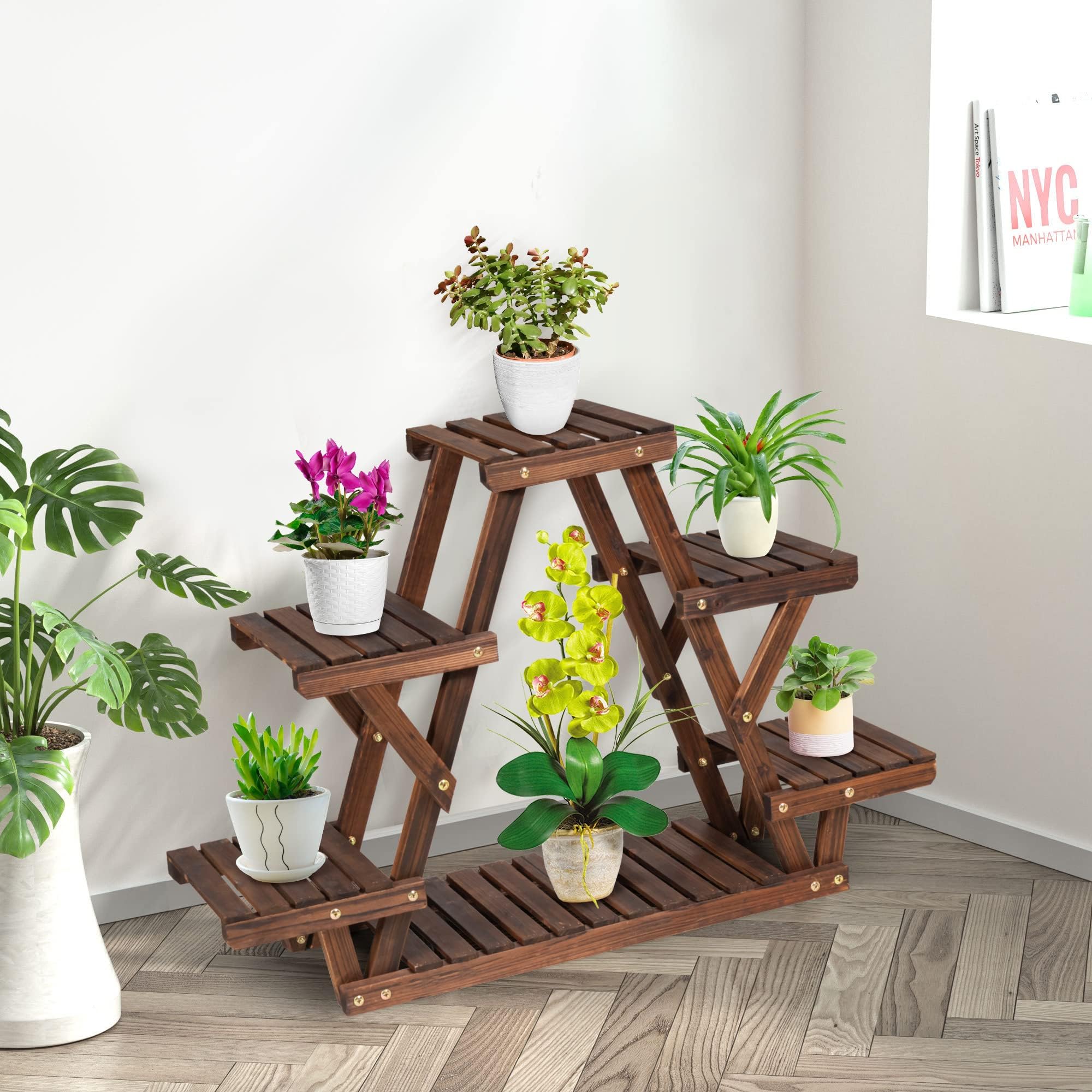 RELAX4LIFE Scaffale per Piante in Legno di Abete a Doghe, Portafiori a 3 Strati, Espositore Multiuso da Interno ed Esterno (Modello 11)
