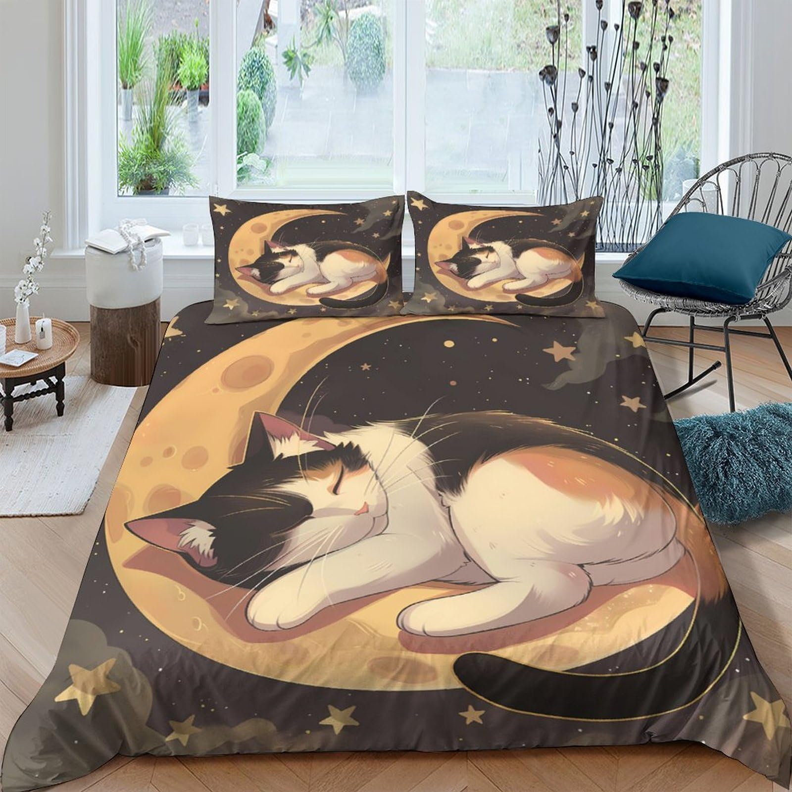 Ctjqhvkz Style-8 3D Printed Sleeping Cat Moon Fitted Sheet Microfiber Soft Decorative Star Night Mattress Cover For Bedroom Dorm Single（135X200cm）