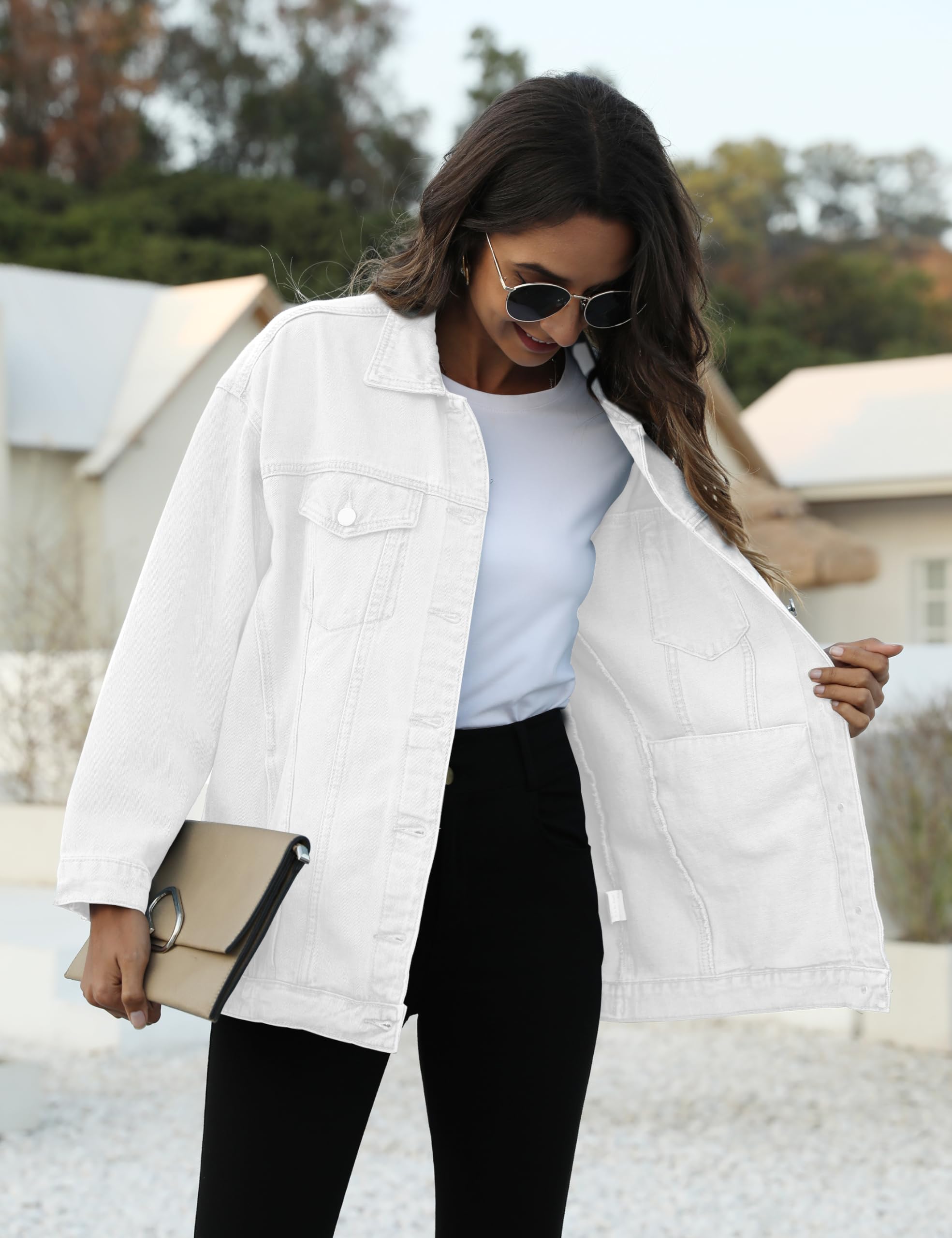 Omoone Women's Oversized Mid Long Denim Jacket Jean Biker Coat: Large White