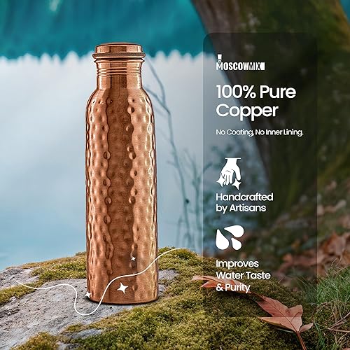 Miniatura 8 de Moscow-Mix Botella de agua de cobre puro para beber de 34 onzas, grande, botella de agua de cobre ayurvédico, tapa a prueba de fugas, botella de