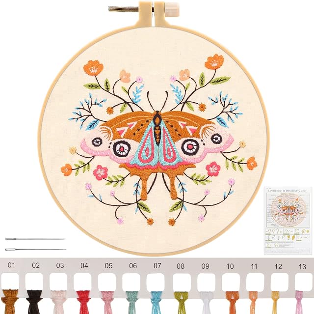 MWOOT DIY Butterfly Embroidery Starter Kit, Full Range of Cross Stitch Embroidery Stamped Kit for Adults Beginner
