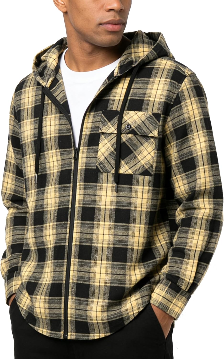 Hooded Flannel Shirt for Men Spring Casual Zip Up Plaid Hoodie Stylish Long Sleeve Plaid Shirts with Pocket - Image 2