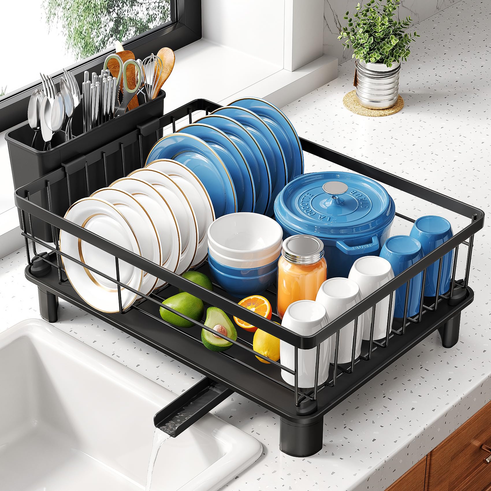 SNTD Dish Drying Rack for Small Kitchen Counter, 12.9" W x 16.9" L, Black