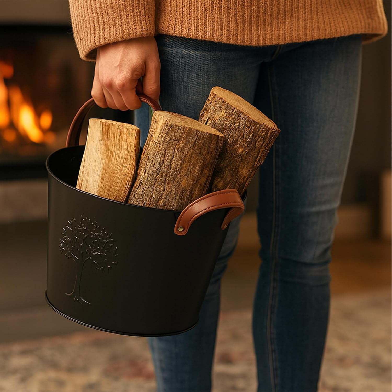 Relaxdays Set of 2 Wood Baskets, Firewood and Ignition Wood, Metal, Leather Handles, Tree of Life Design, Black/Braun