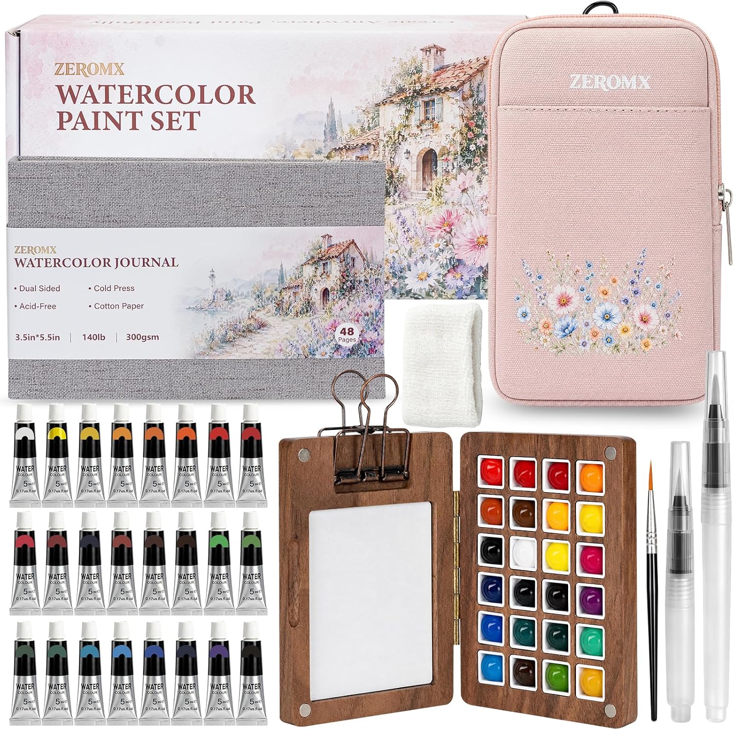Mini Travel Watercolor Set with 24 Refillable Tubes | All-in-One Watercolor Paint Set, with 24 Colors, Palette, Sketchbook, Crossbody Bag, Water Brushes, Clip & Wristband