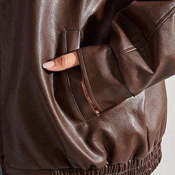 FAUX LEATHER ZIP UP ブルゾン　ブラウン Amazon.com: Brown Pu Leather Jackets for Women Oversized