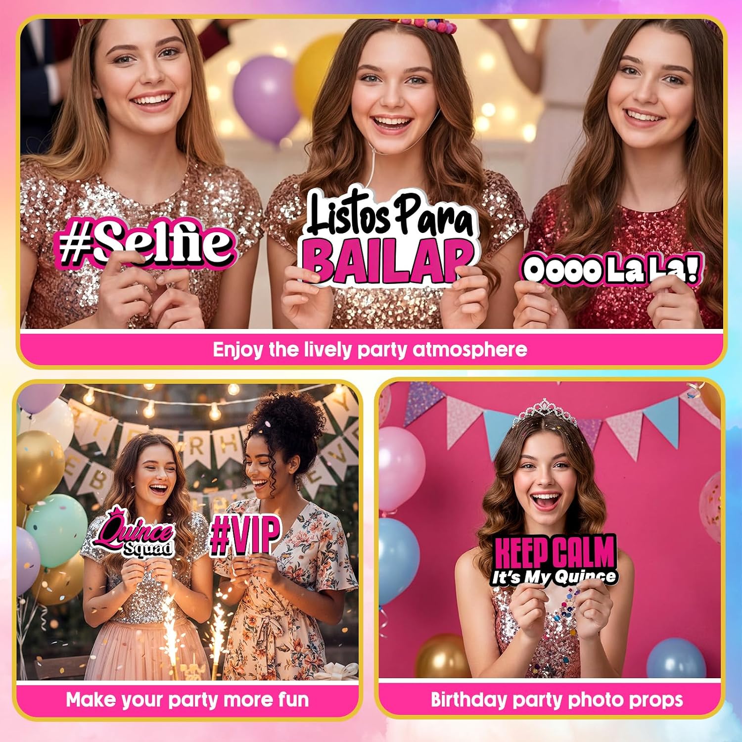 Beeveer 24 Pcs Spanish Quinceanera Photo Booth Props 15th Birthday Parties Decorations Single Sided 9" DIY Water Proof Selfie Signs PVC Printing Photo Props for Decorations