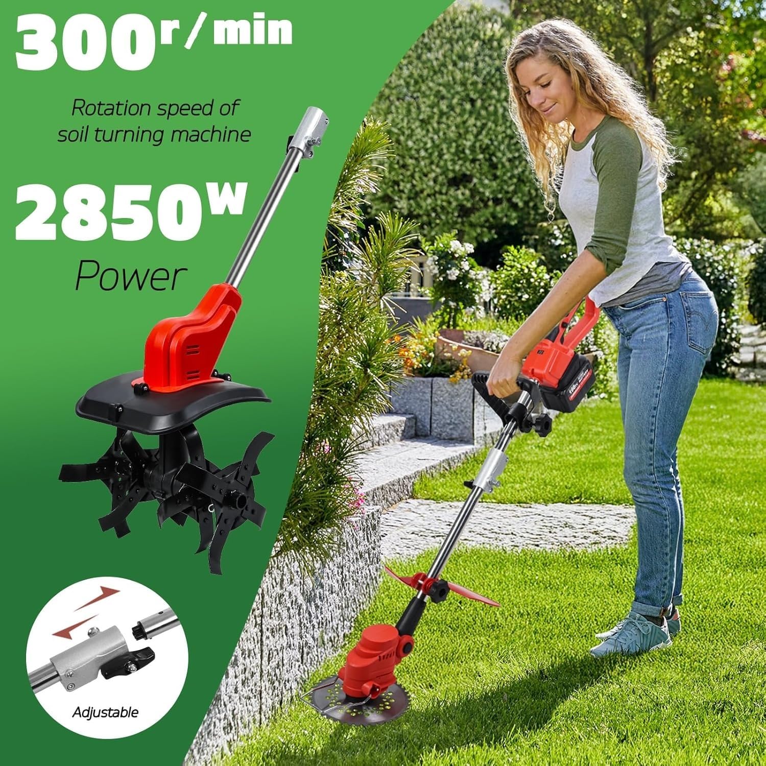 Motoazada y Recortadora de jardín eléctrica Multifuncional, cultivadora de Altura Ajustable, batería Recargable, Mango ergonómico for huerto, montaña, huerto.