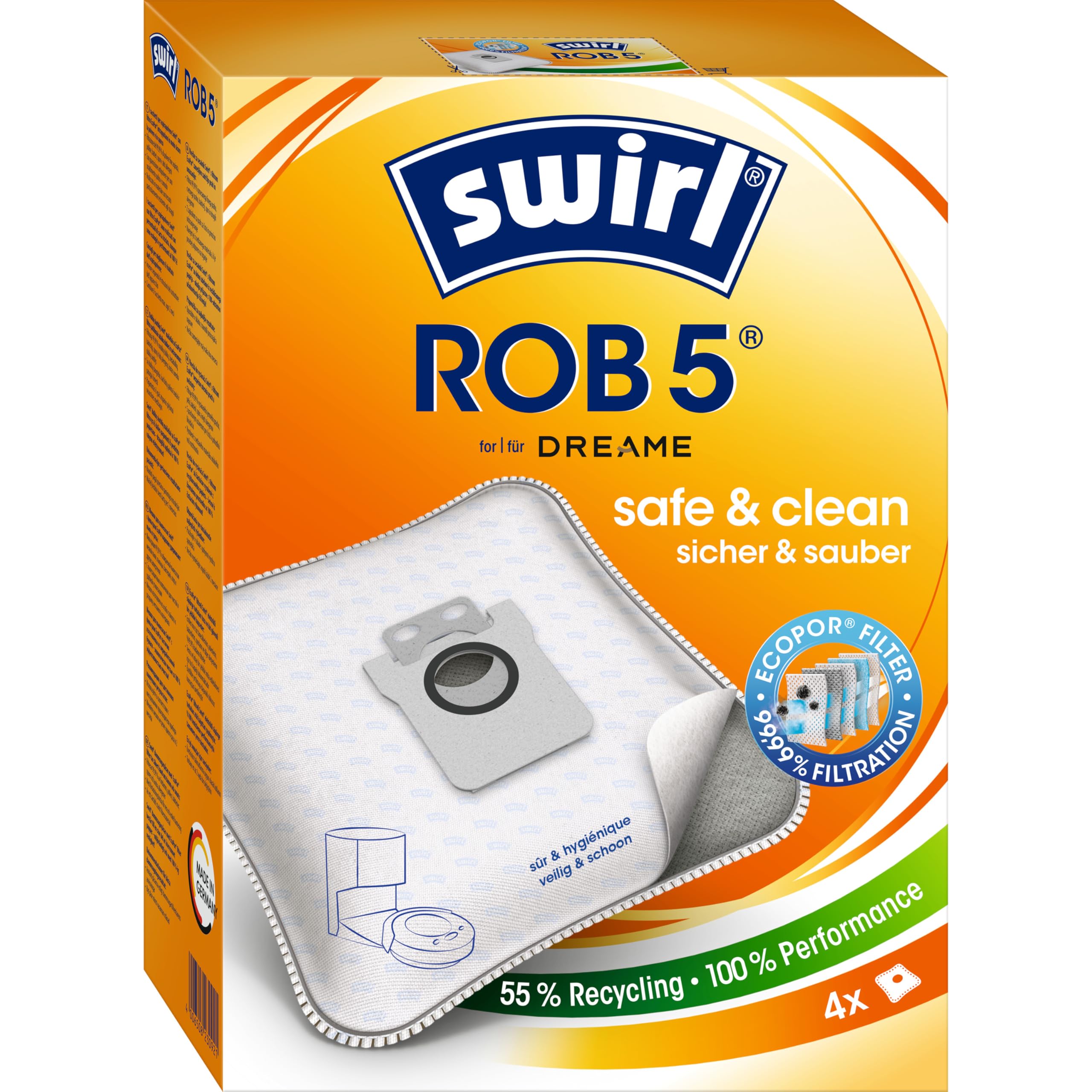 Swirl ROB 5 EcoPor Vacuum Cleaner Bags for Various Vacuum Cleaner Robot Models from Dreame, 4 Bags