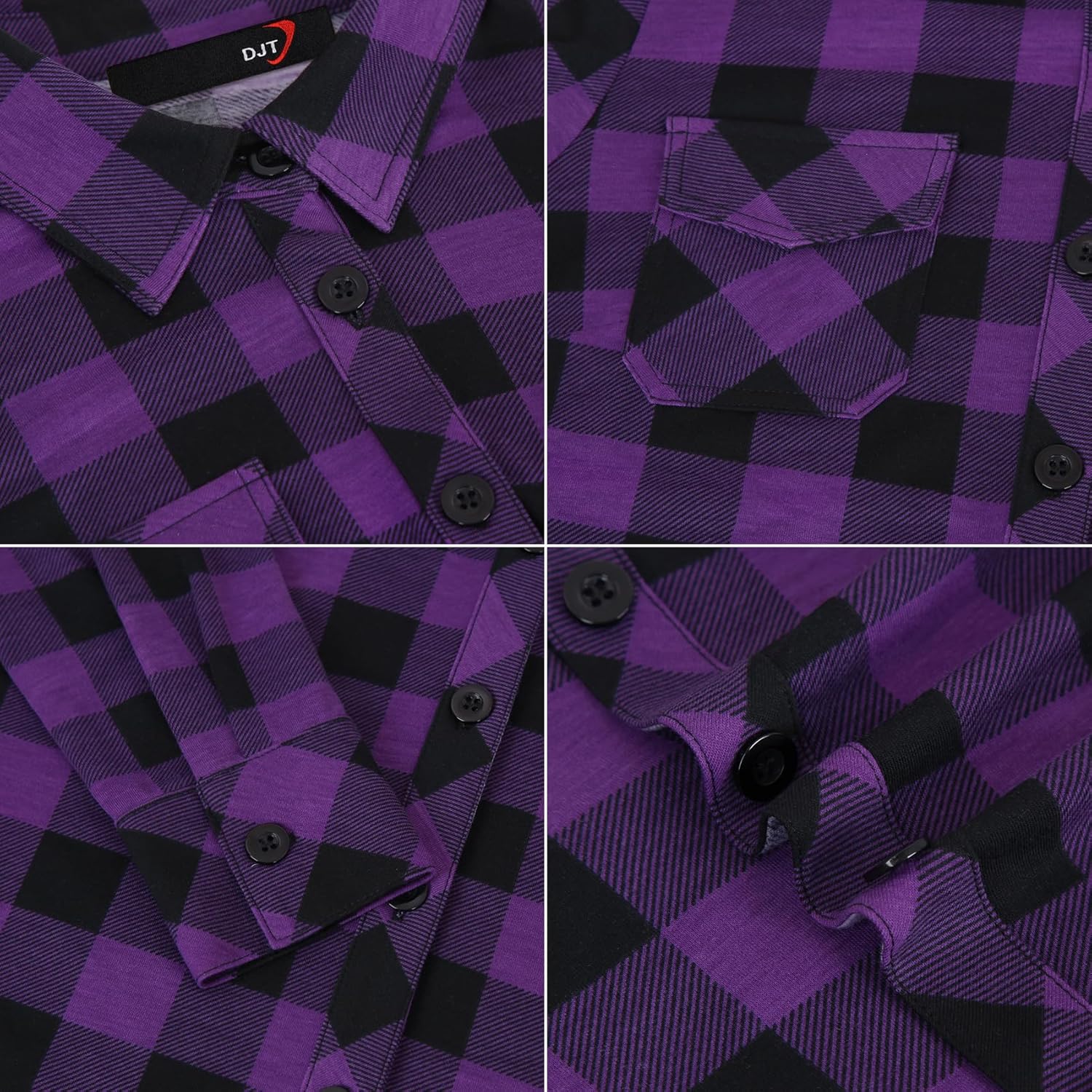 DJT Womens Soft Stretchy Knit Plaid Shirts Roll Up Long Sleeve Collared Button Down Blouses Tops - Image 4